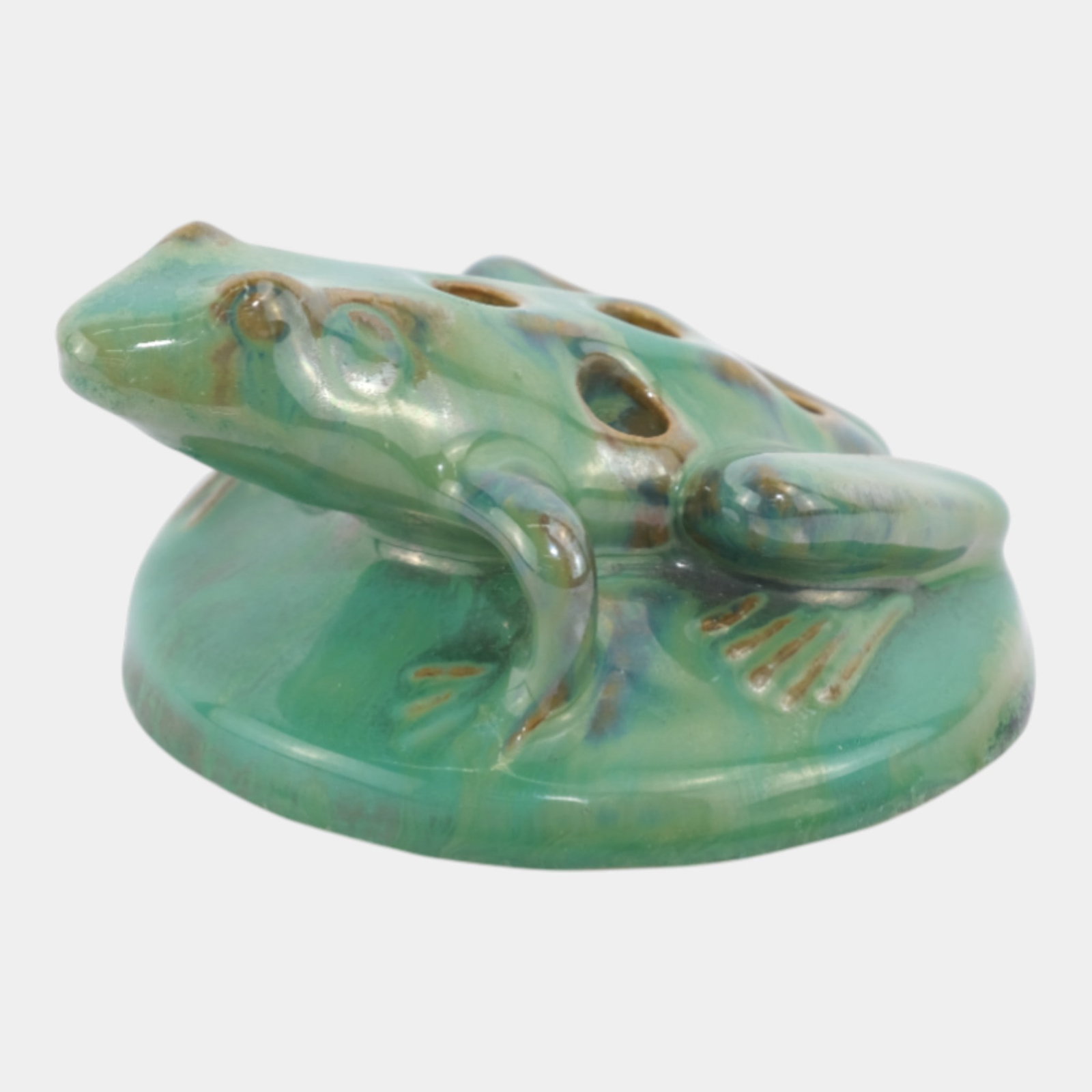 Fulper Arts And Crafts Pottery Green Brown Figural Frog 5 Hole Flower Frog 400M/L (1 of 6)