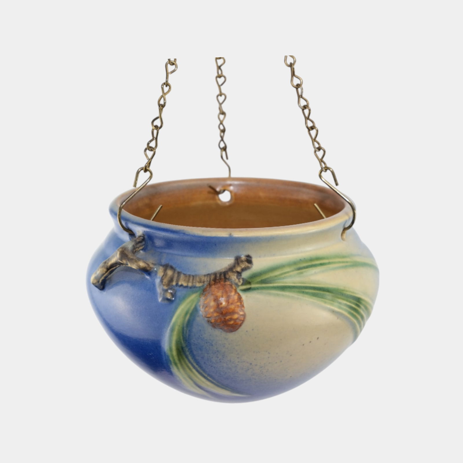 Roseville Pine Cone Blue 1935 Vintage Art Pottery Hanging Basket Planter 352-5: We offer affordable in-house shipping on all items. Roseville Pine Cone Blue 1935 Vintage Art Pottery Hanging Basket Planter 352-5 Excellent original condition. No chips, cracks, damage or repair of