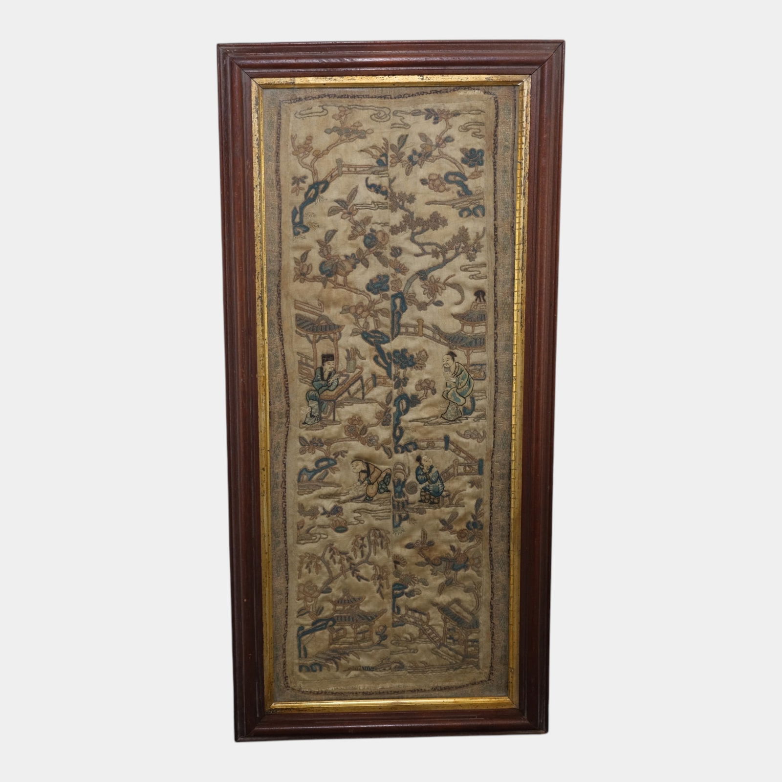 19th Century Chinese Embroidered Scenic Forbidden Stitch Framed Silk Panels: We offer affordable in-house shipping on all items. 19th Century Chinese Embroidered Scenic Forbidden Stitch Framed Silk Panels Intricately stitched, this 19th-century Chinese silk embroidery depicts