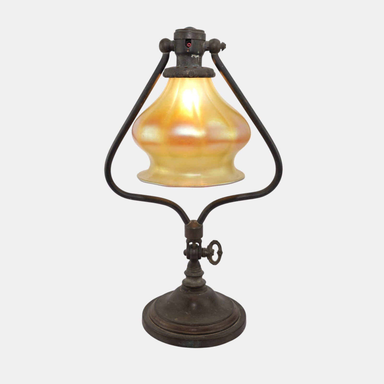 Arts And Crafts Tiffany Style Curved Metal Base & Downward Iridescent Glass Shade (1 of 7)