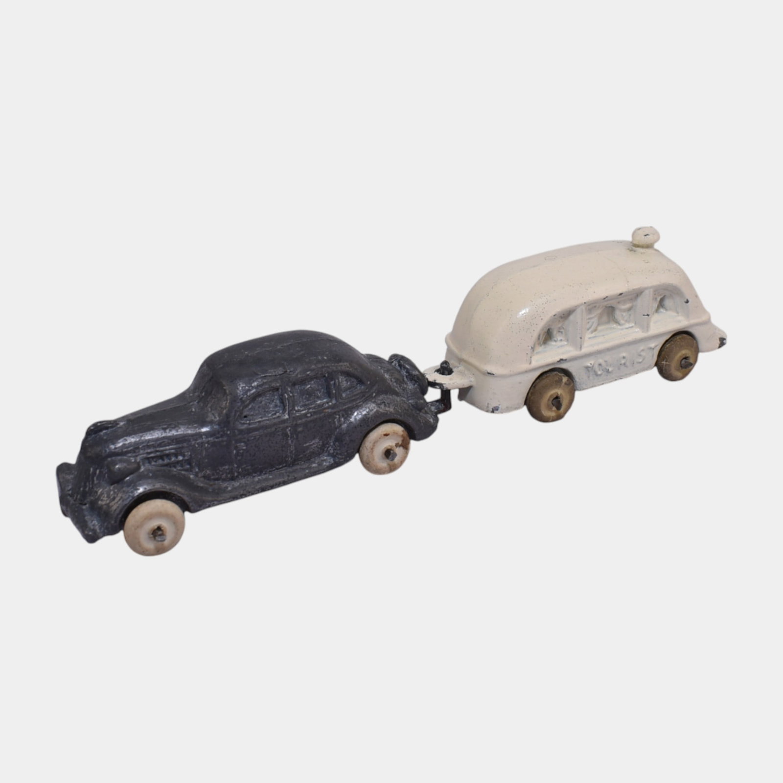 Tommy Toy USA 1930s Slush Cast Silver Tourist Car and White Trailer: We offer affordable in-house shipping on all items. Tommy Toy USA 1930s Slush Cast Silver Tourist Car and White Trailer Charming Tommy Toy die-cast car with matching white camper trailer, complete wi