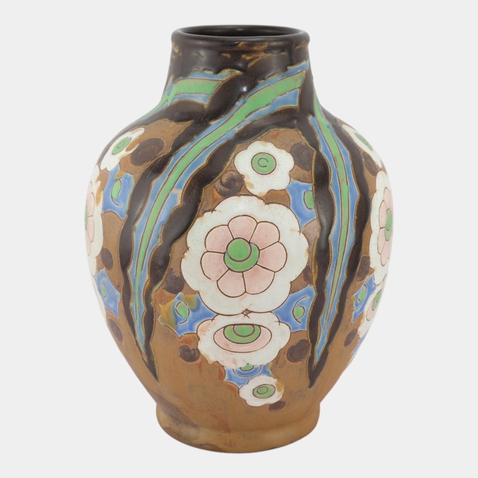 Charles Catteau For Boch Freres Keramis 1920s Art Deco Brown Floral Vase 909 (1 of 6)