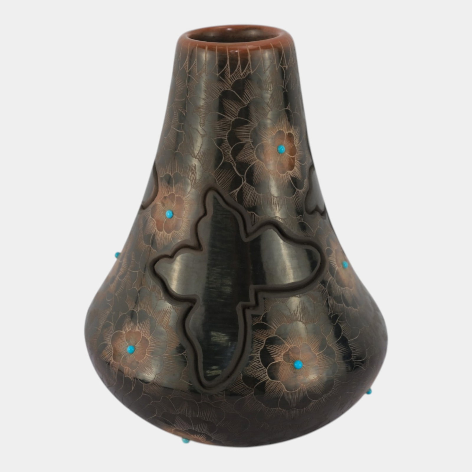 Julia Gutierrez Santa Clara Sgraffito Etched Floral Turquoise Cabochon Butterfly Vase: We offer affordable in-house shipping on all items. Julia Gutierrez Santa Clara Sgraffito Etched Floral Turquoise Cabochon Butterfly Vase Finely etched and richly burnished, this Santa Clara vase by