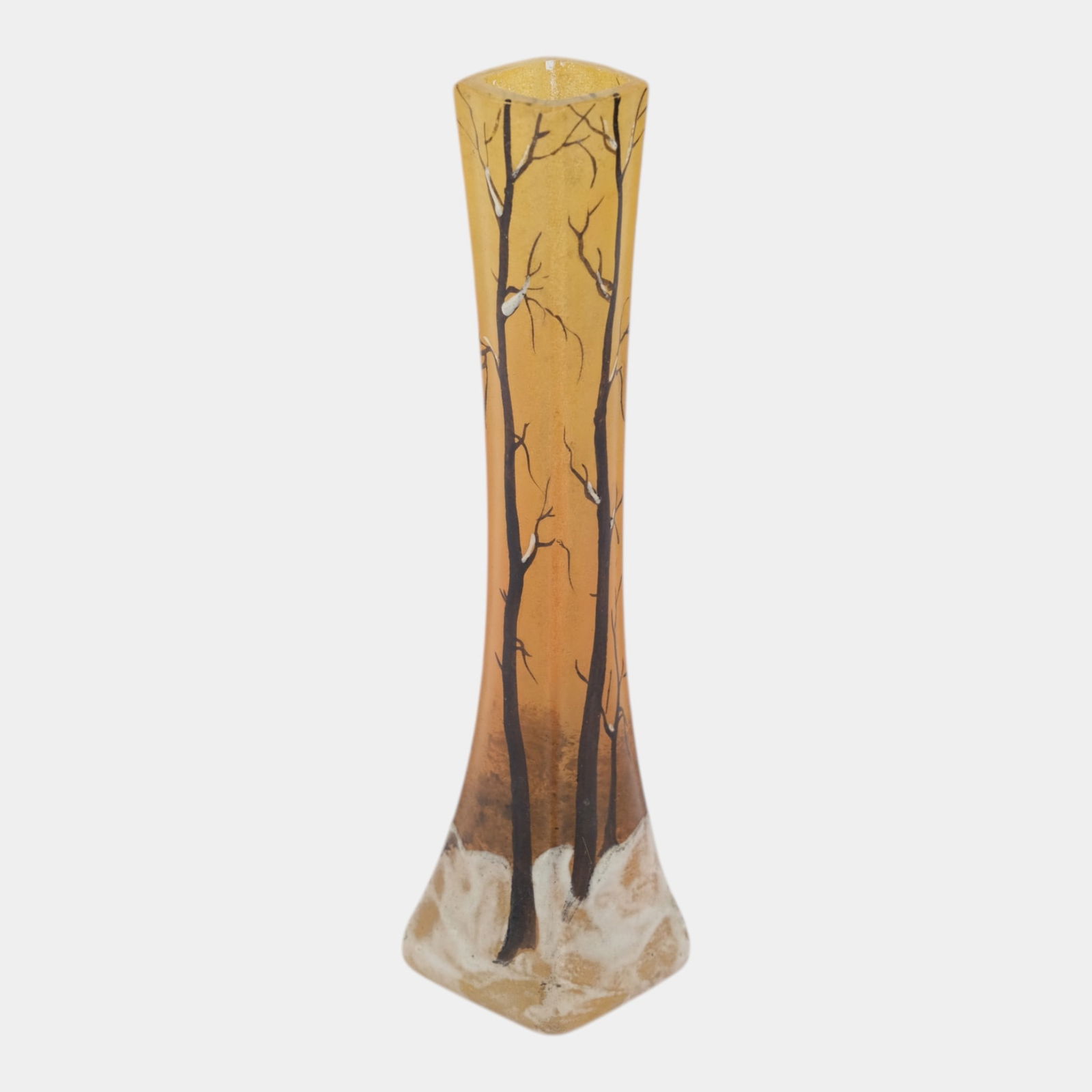 Legras Late 19th Century French Orange Scenic Snowy Tree Enameled Art Glass Bud Vase (1 of 7)