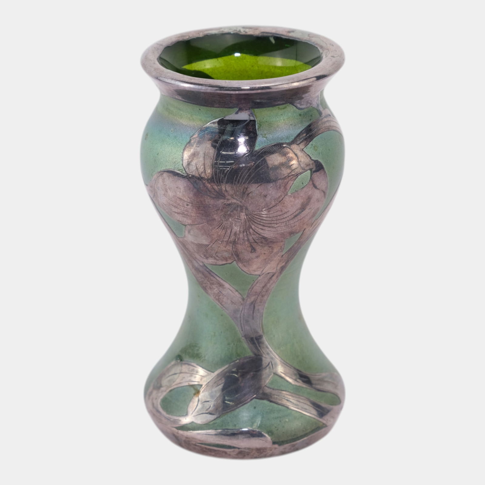 Loetz 1900s Austrian Art Nouveau Green Iridescent Silver Overlay Art Glass Vase: We offer affordable in-house shipping on all items. Loetz 1900s Austrian Art Nouveau Green Iridescent Silver Overlay Art Glass Vase Luminous and elegantly contoured, this 1900s Loetz vase shimmers in