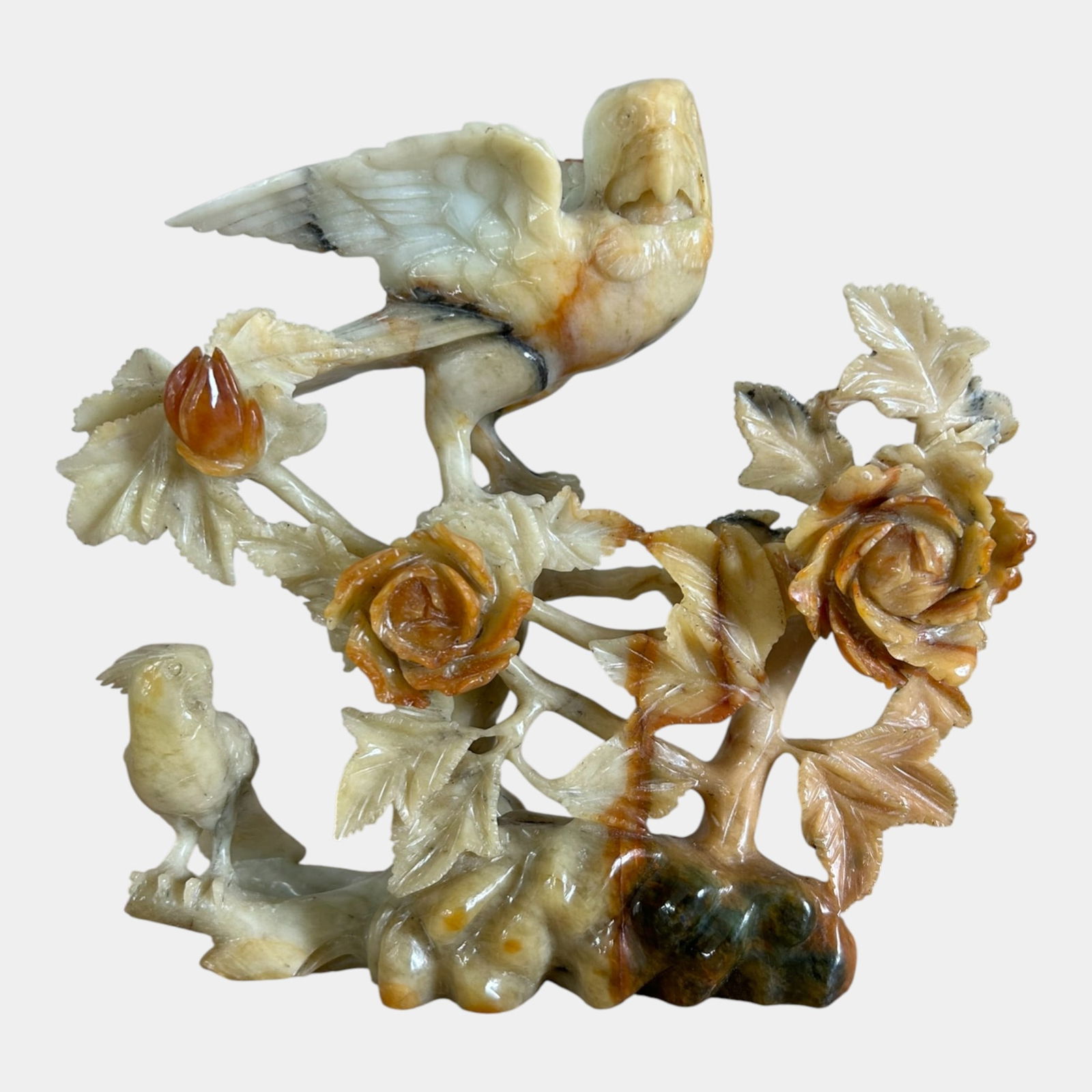 Chinese Hand Carved Hetian Nephrite Jade Birds Among Flowers Figural Sculpture: We offer affordable in-house shipping on all items. Chinese Hand Carved Hetian Nephrite Jade Birds Among Flowers Figural Sculpture Elegantly carved from variegated jade, this sculptural grouping depi