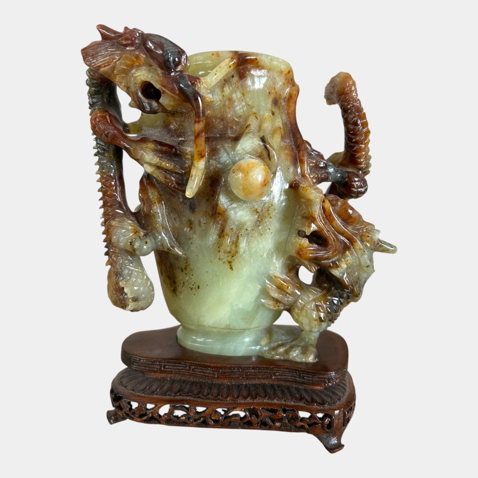 Chinese Hand Carved Hetian Nephrite Jade Two Dragon Handled Vase On Wooden Base (1 of 7)
