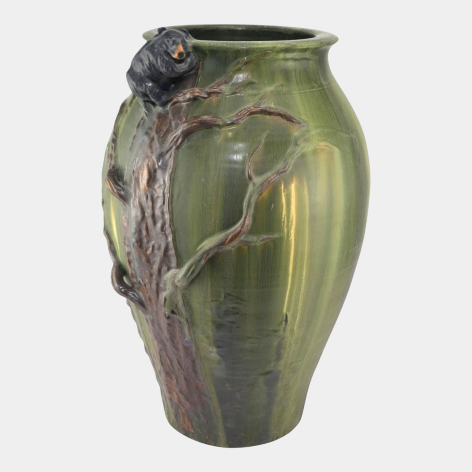 Ephraim Faience 2004 Showpiece Matte Green Tree Climbing Bear 18" Floor Vase (1 of 6)