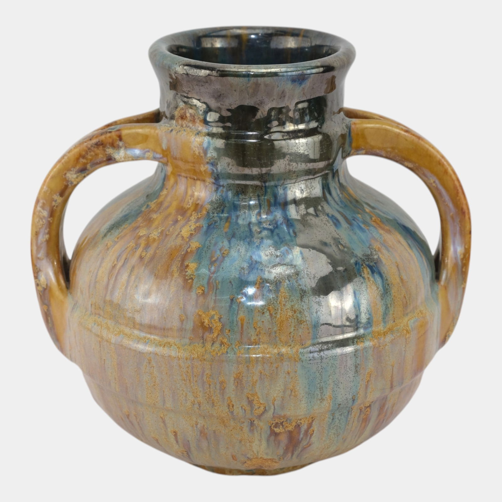 Fulper 1917-1923 Arts And Crafts Pottery Brown Blue Flambe Handled Vase 587: We offer affordable in-house shipping on all items. Fulper 1917-1923 Arts And Crafts Pottery Brown Blue Flambe Handled Vase 587 Boldly rounded and richly glazed, this twin-handled vase features casca