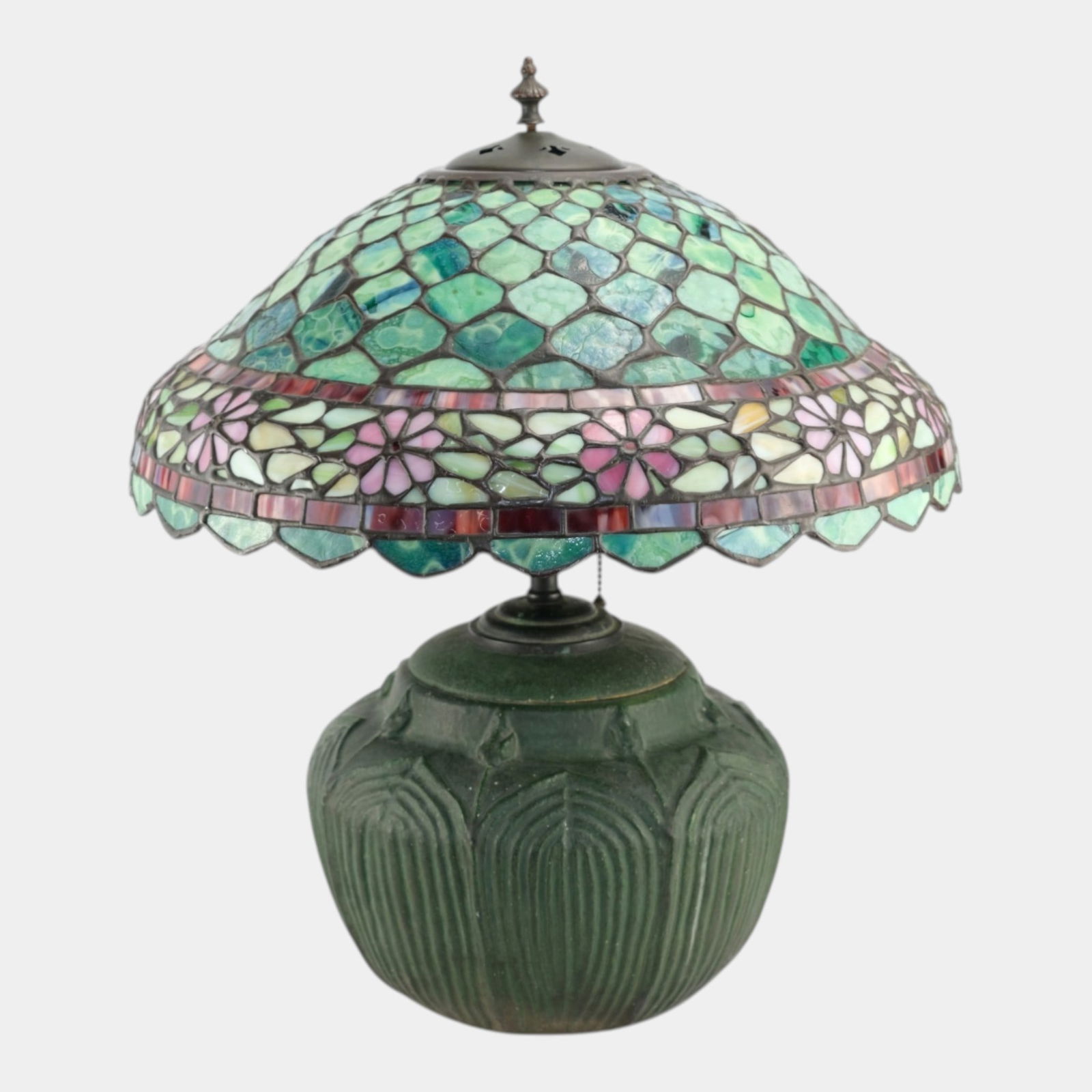 Wheatley 1920s Arts And Crafts Pottery Matte Green Broad Leaf Factory Lamp With Floral Leaded Glass (1 of 8)