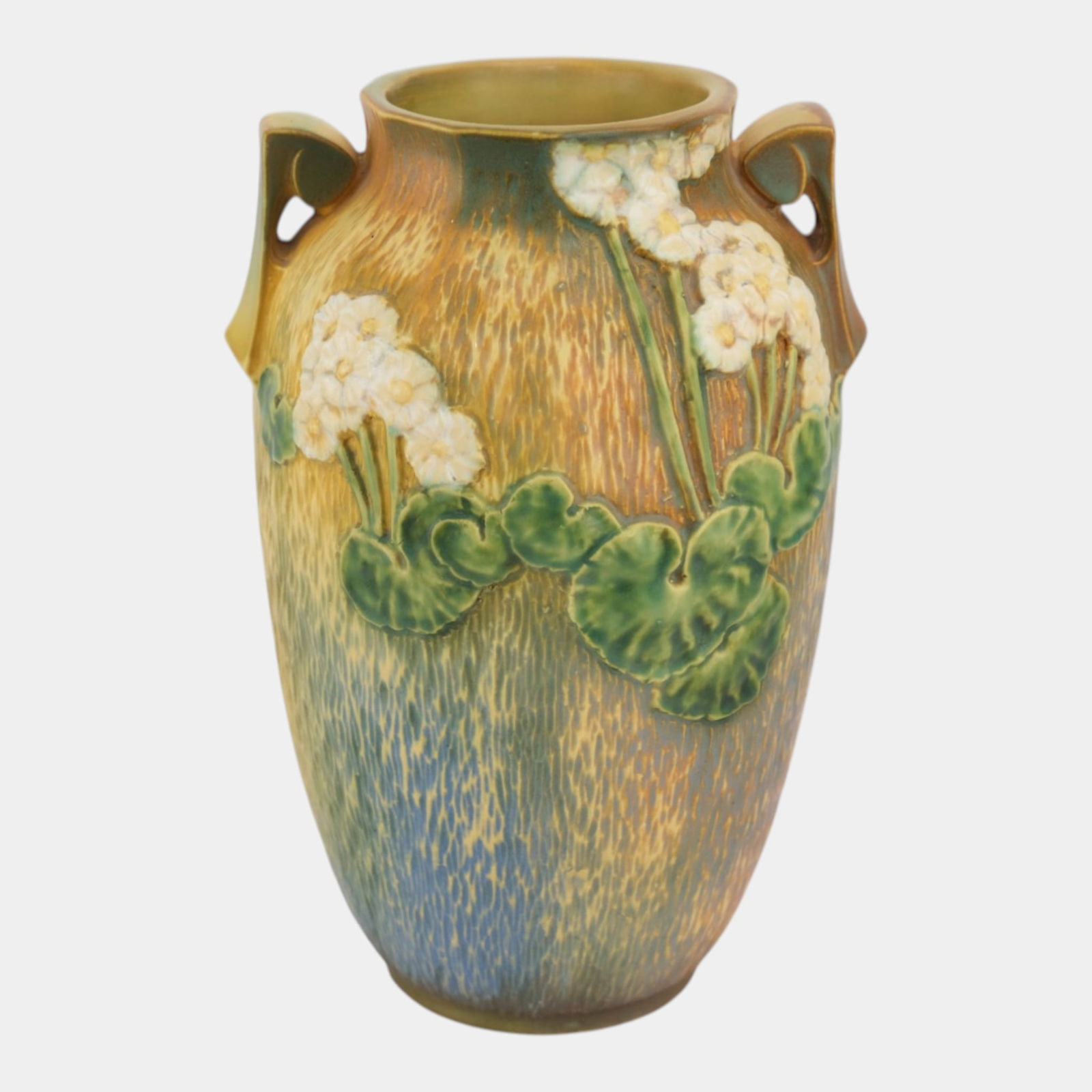 Roseville Experimental Primrose 1936 Tan Green Art Pottery Ceramic Handled Vase: We offer affordable in-house shipping on all items. Roseville Experimental Primrose 1936 Tan Green Art Pottery Ceramic Handled Vase Rare and beautifully decorated, this 1936 Roseville experimental Pr