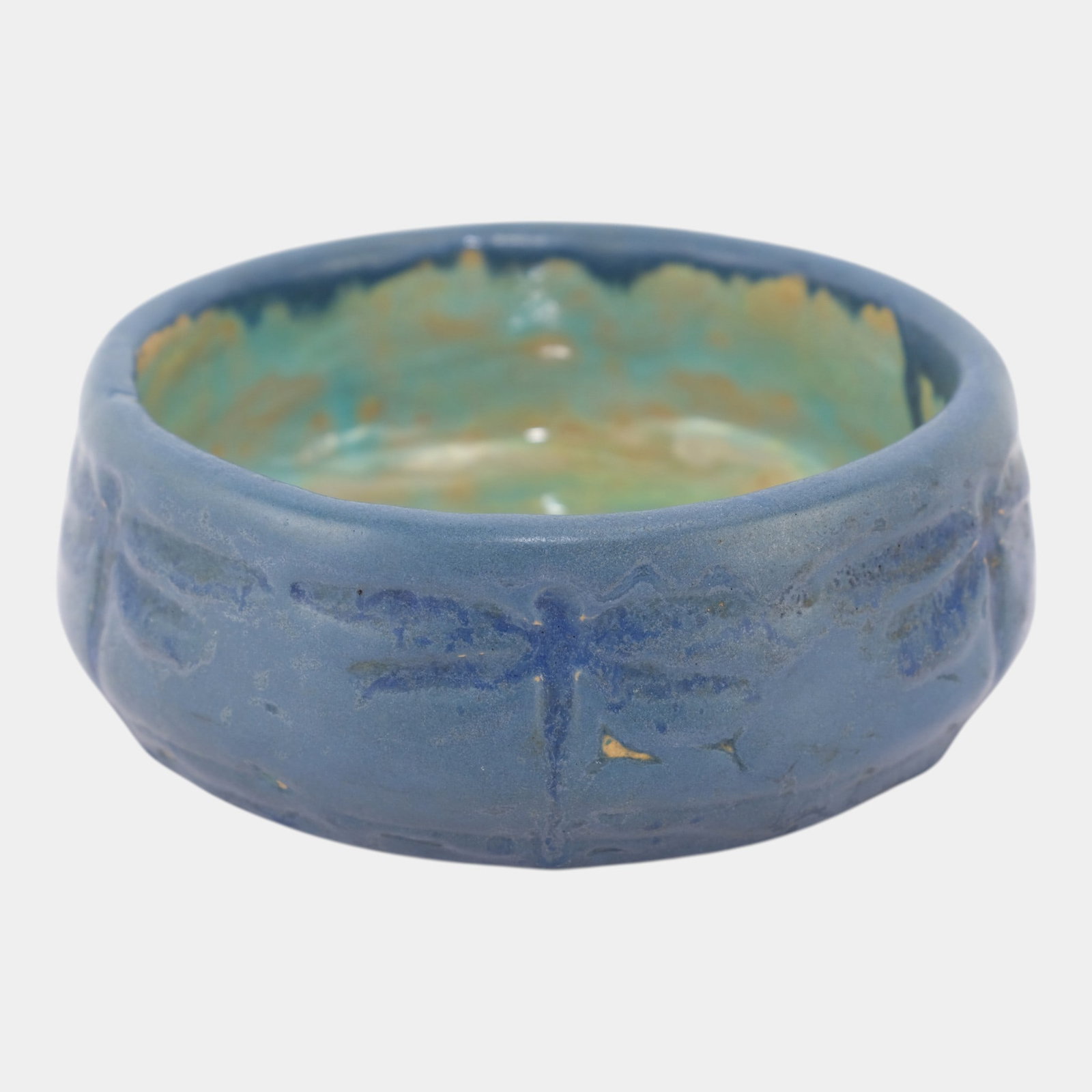Early 20th Century Art And Crafts Pottery Student Studio Blue Dragonfly Bowl: We offer affordable in-house shipping on all items. Early 20th Century Art And Crafts Pottery Student Studio Blue Dragonfly Bowl Arts & Crafts style art pottery bowl featuring a low circular form wit