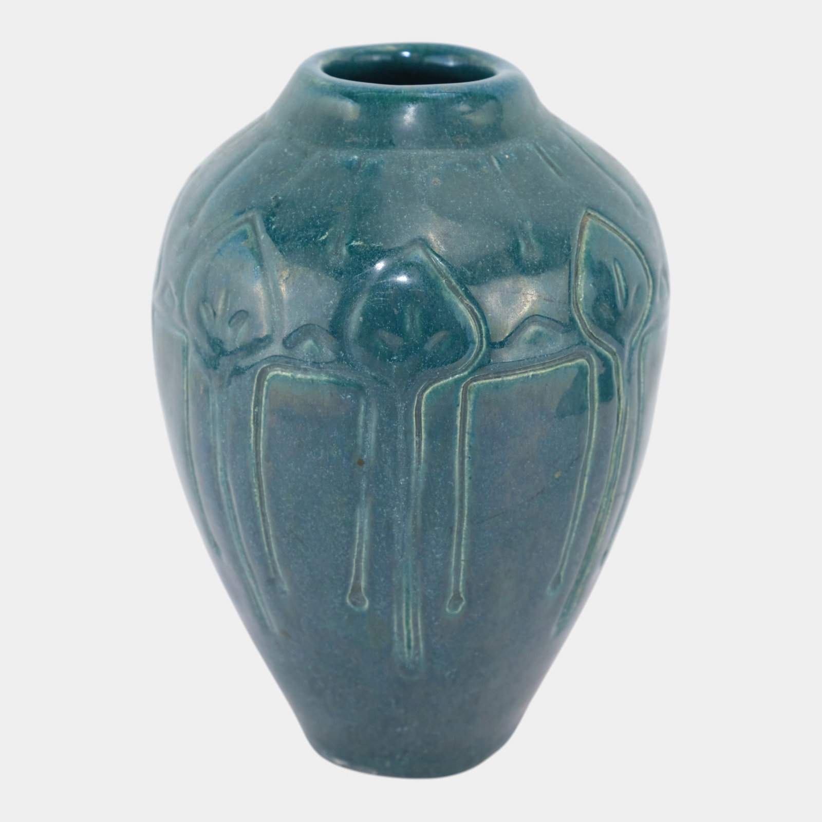 Early 20th Century Art And Crafts Pottery Studio Student Teal Carved Floral Vase (1 of 6)