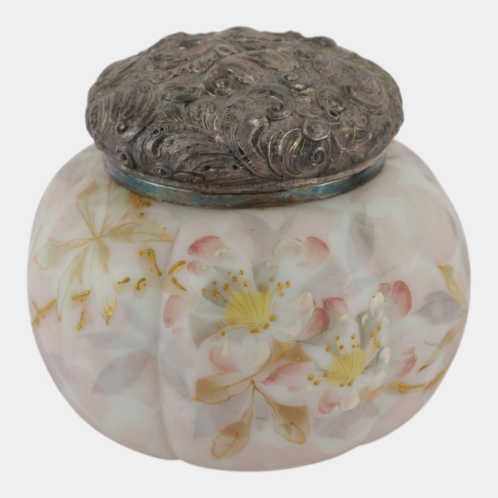 Mt Washington Late 19th Century Victorian Hand Painted Floral Lobed Opal Glass Dresser Box (1 of 6)