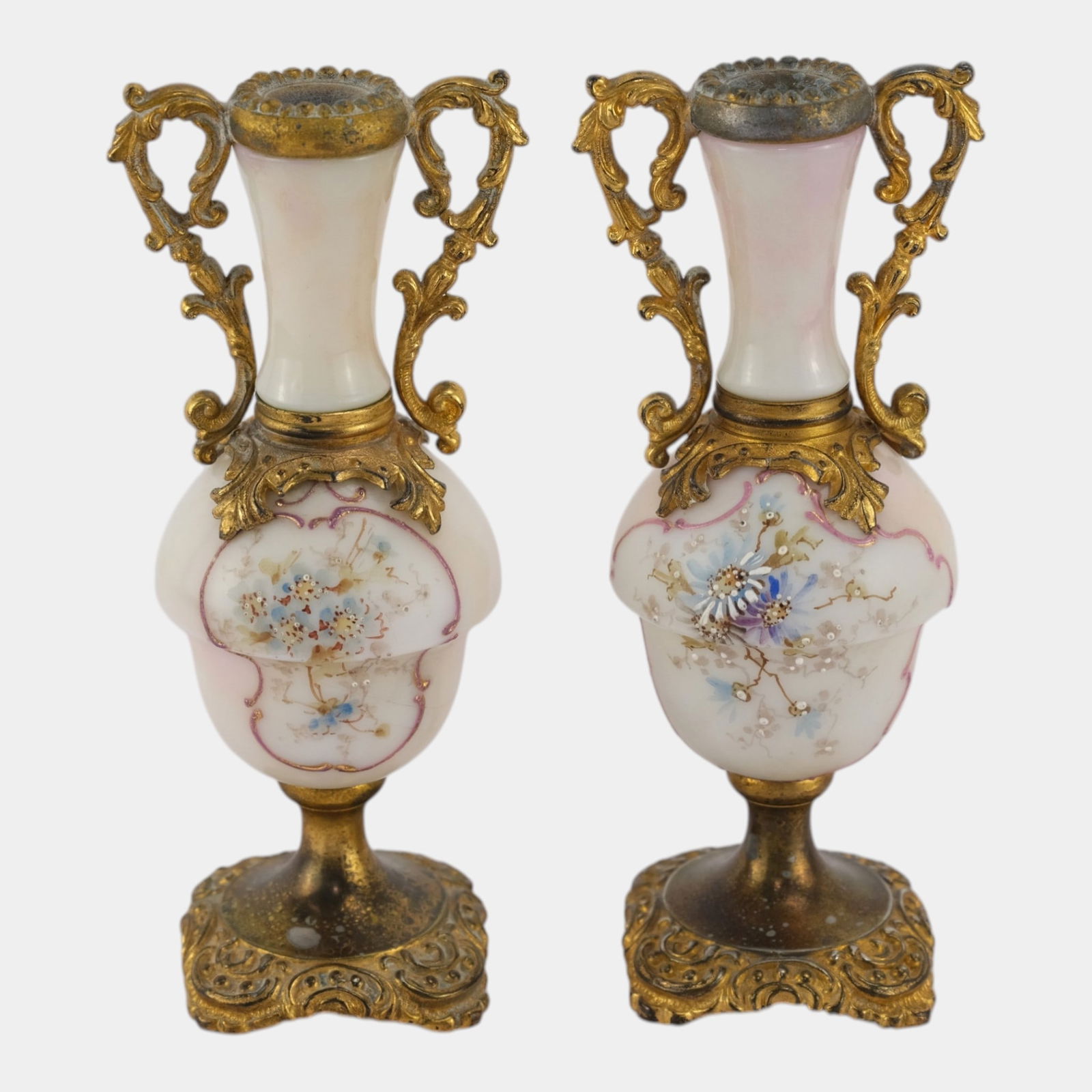 Wave Crest Late 19th Century Victorian Ormolu Hand Painted Floral Gilt Handle Vases Urns (1 of 6)
