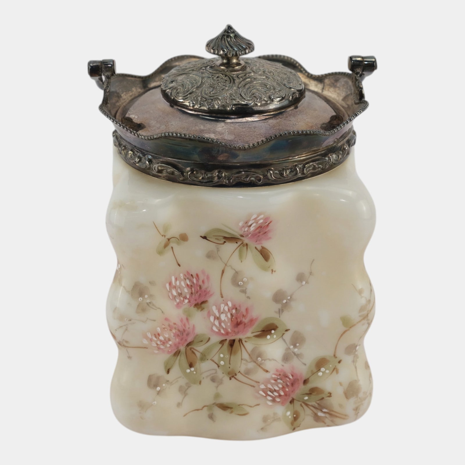 Wave Crest Late 19th Century Victorian Hand Painted Floral Clover Handled Biscuit Barrel: We offer affordable in-house shipping on all items. Wave Crest Late 19th Century Victorian Hand Painted Floral Clover Handled Biscuit Barrel The gently waisted cylindrical body is formed in soft crea