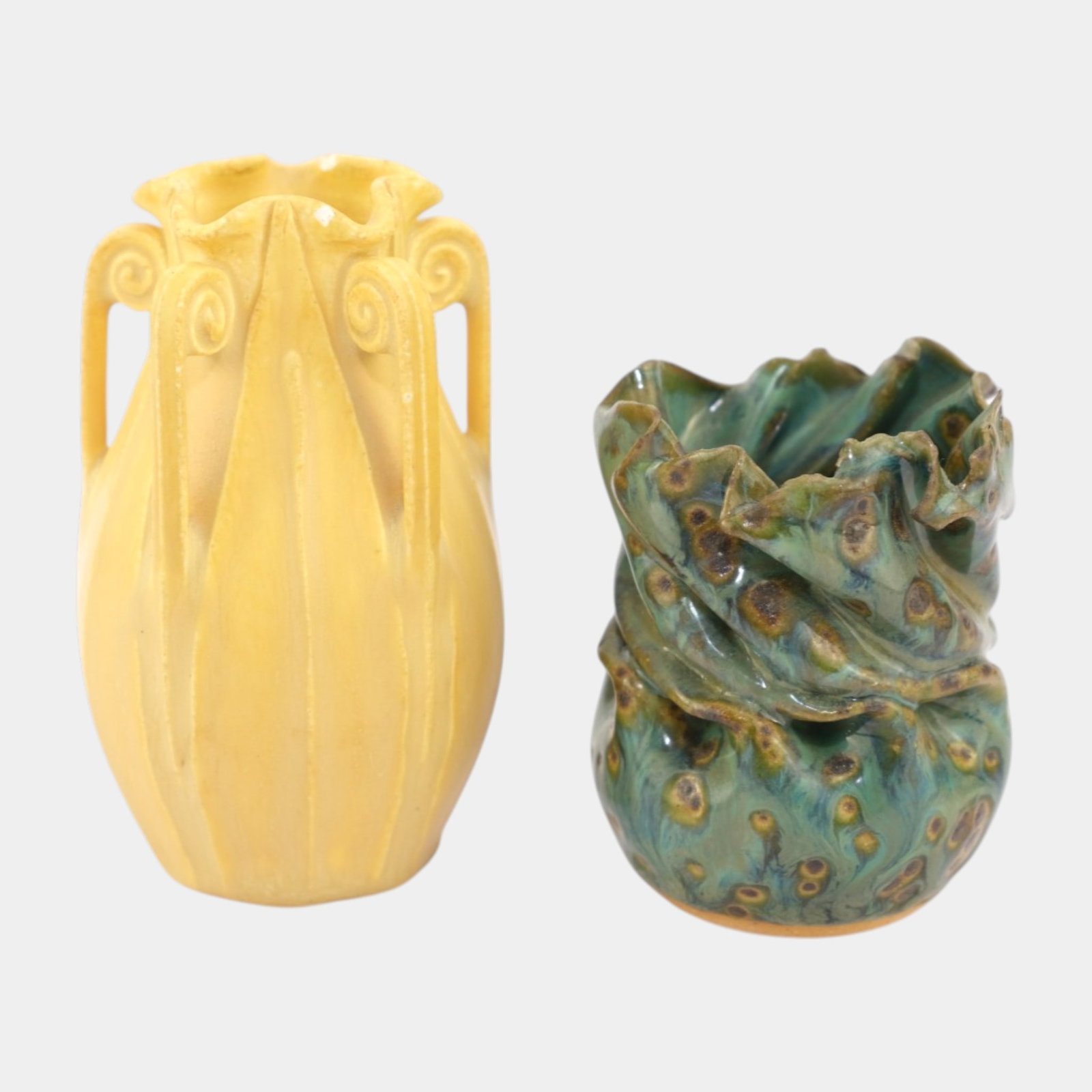 Ephraim Miniature Yellow Handled Vase & Clark House Green Ruffle Twist Vase: We offer affordable in-house shipping on all items. Ephraim Miniature Yellow Handled Vase & Clark House Green Ruffle Twist Vase George Ohr style Clark House studio vase and Ephraim mini. Clark is in