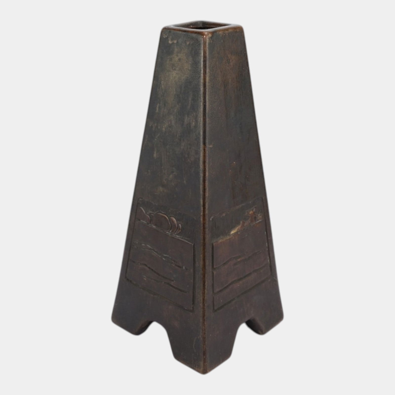 Ferock 1900s Art Pottery Clewell Copper-Clad Carved Panel Footed Obelisk Form Vase: We offer affordable in-house shipping on all items. Ferock 1900s Art Pottery Clewell Copper-Clad Carved Panel Footed Obelisk Form Vase Strikingly architectural footed obelisk-form vase clad in rich c