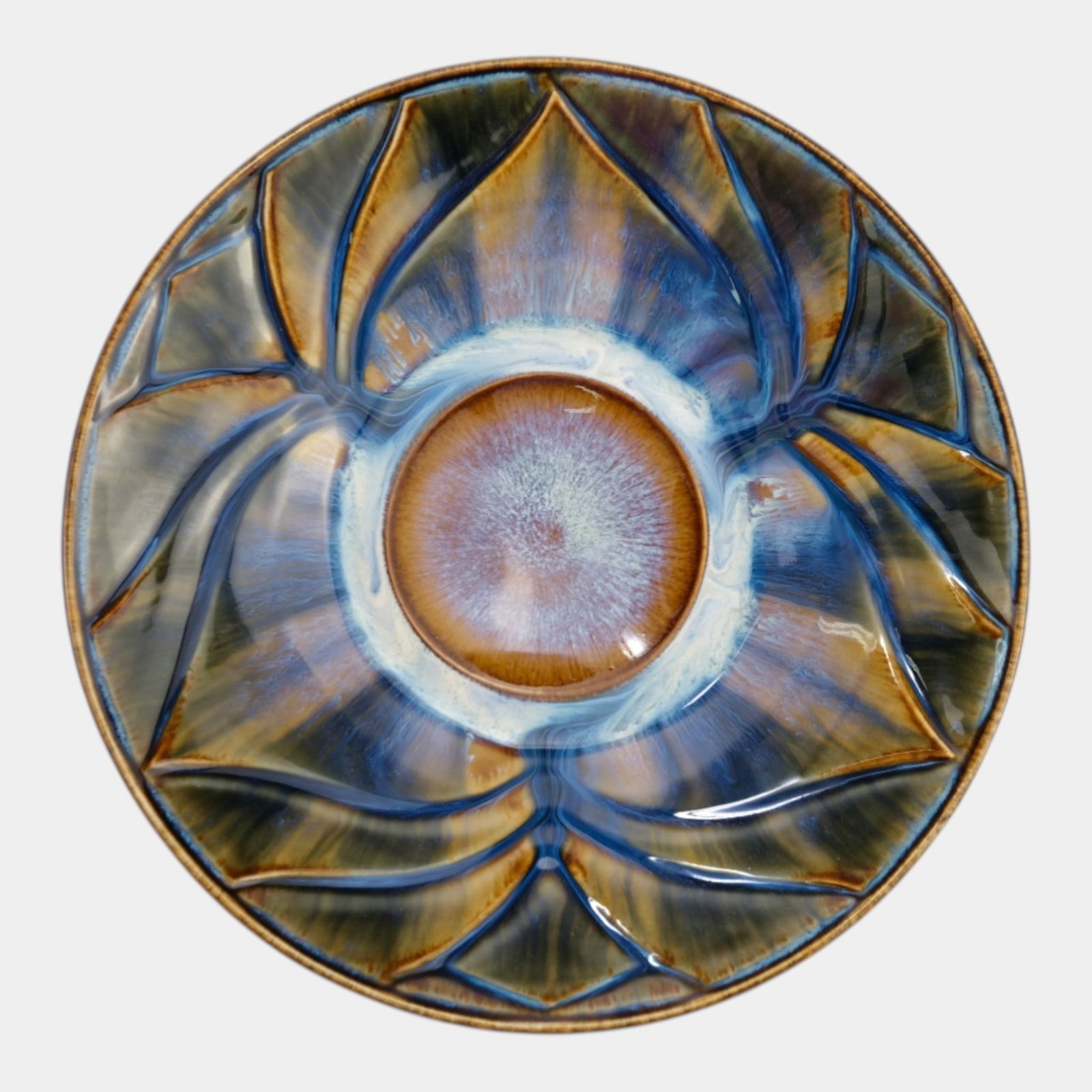 Bill Campbell Studio Art Pottery Vintage Art Pottery Blue Lotus Decorated Center Bowl (1 of 8)