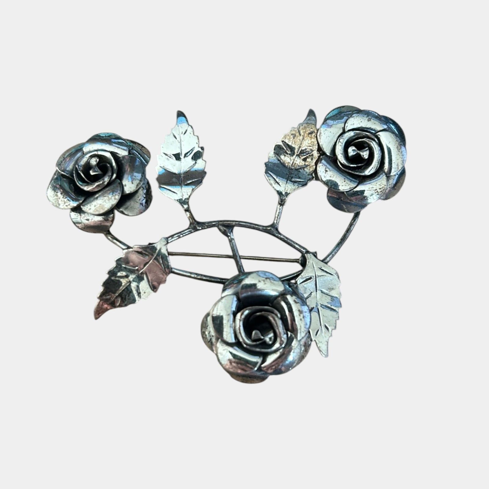 Lang Sterling Silver 925 Three Open Roses And Leaves On Stem Mid Century Brooch (1 of 3)