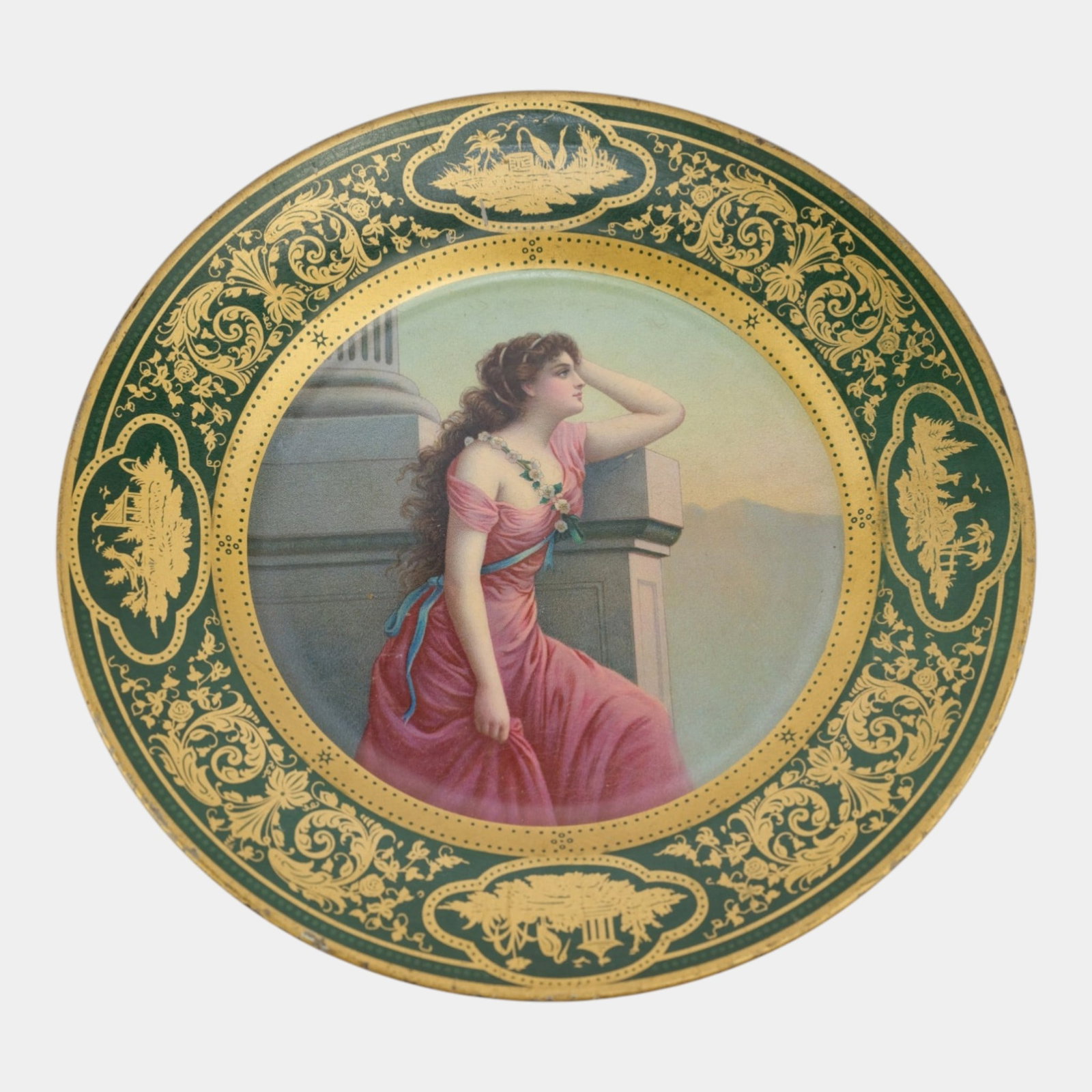 Meek Co. 1900s Dresden Gold Gilt Hand Painted Greek Ariadne Tin Portrait Plate: We offer affordable in-house shipping on all items. Meek Co. 1900s Dresden Gold Gilt Hand Painted Greek Ariadne Tin Portrait Plate Lavishly ornamented tin portrait plate featuring a romantic classica