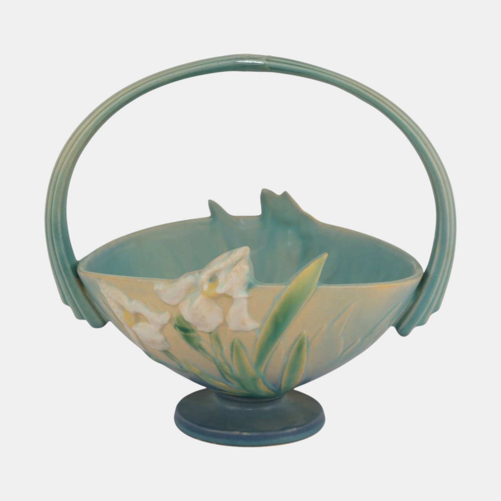 Roseville Pottery Iris Blue Ceramic Basket 355-10 (1 of 4)