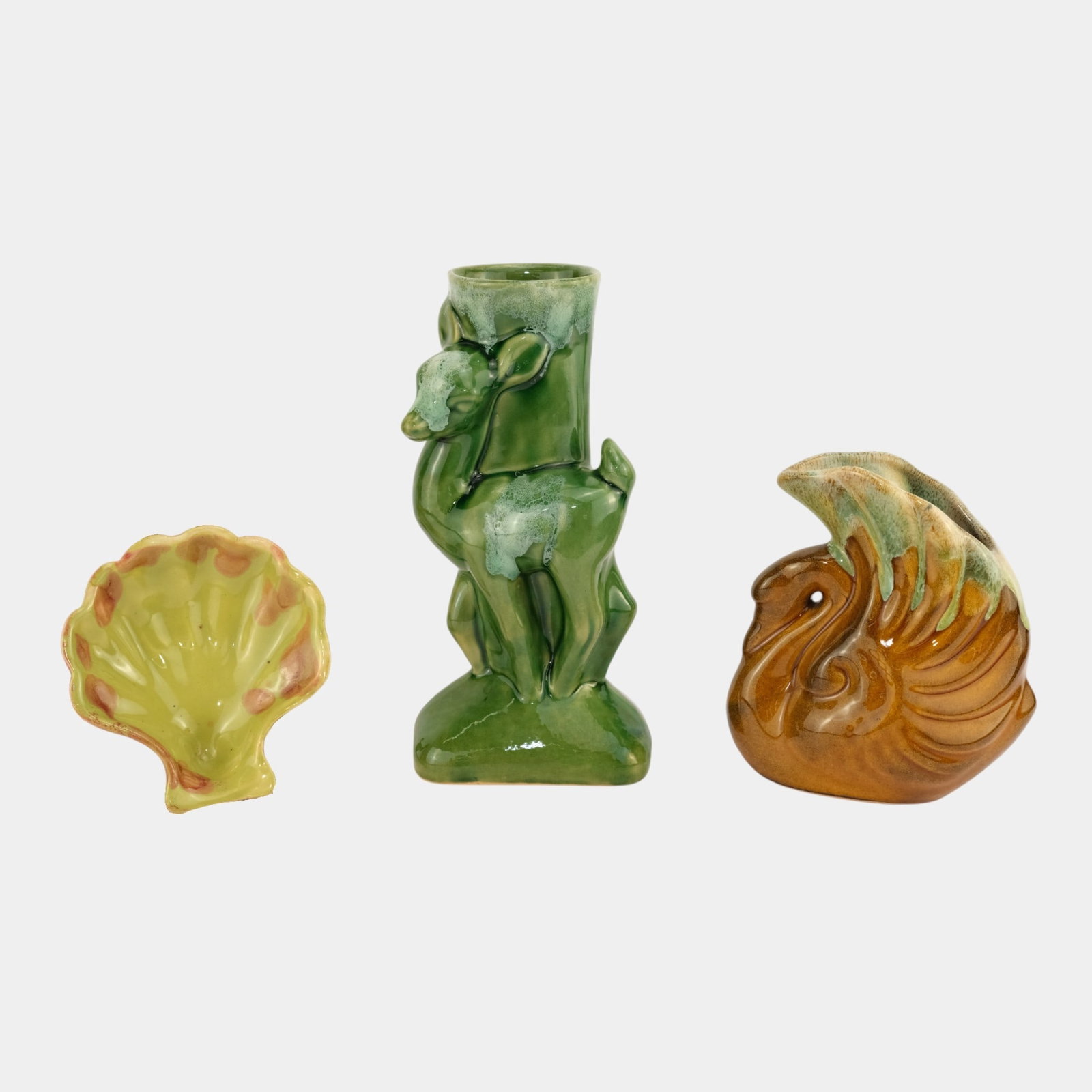 Anna Van Briggle Art Deco Deer Swan Shell Vase Tray: Professional, fast, and affordable in house shipping available for all items. Anna Van Briggle Art Deco Deer Swan Shell Vase Tray Nice arts and crafts form with a nice glaze. Excellent original condi