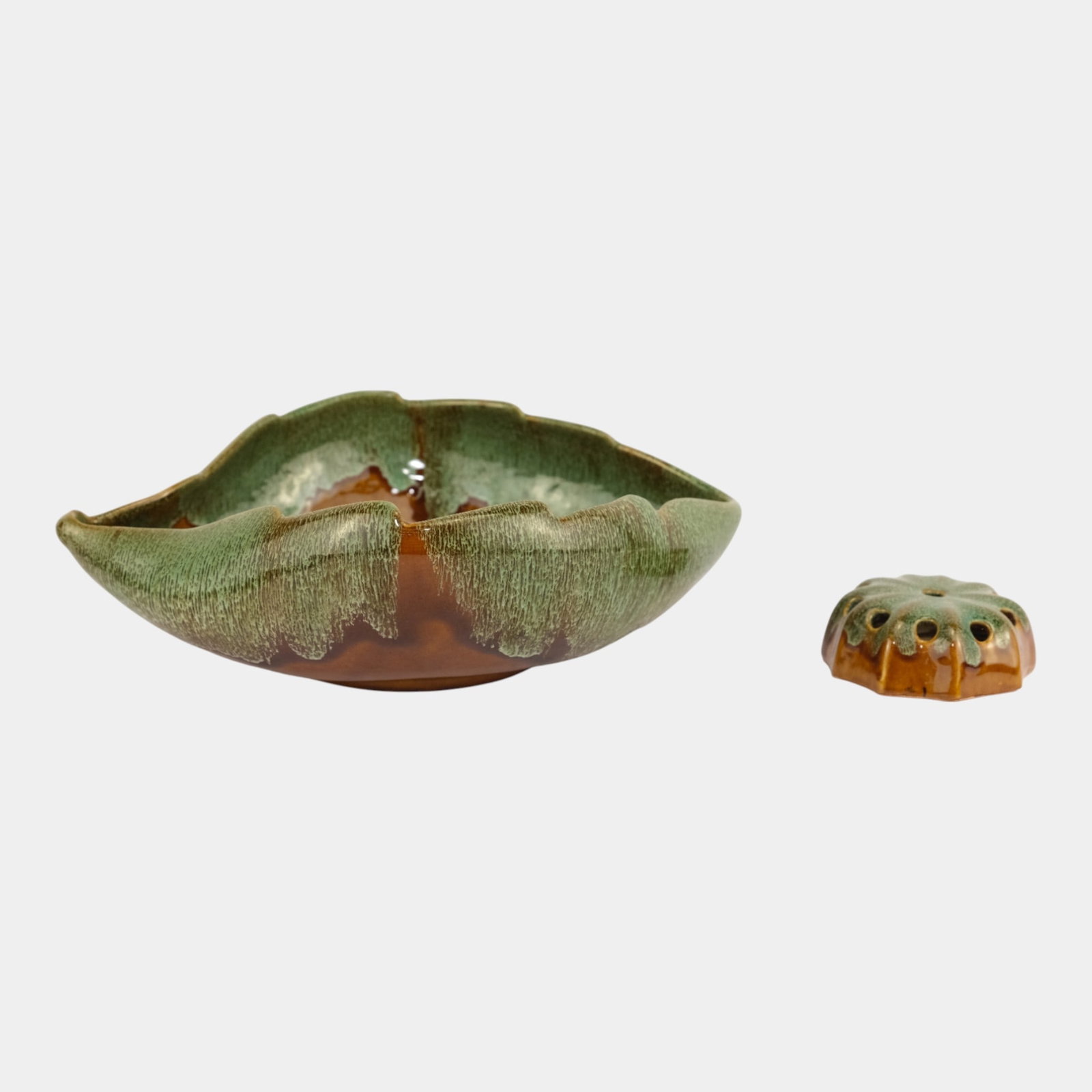 Van Briggle Modern Deco Brown Leaf Bowl and Flower Frog (1 of 4)