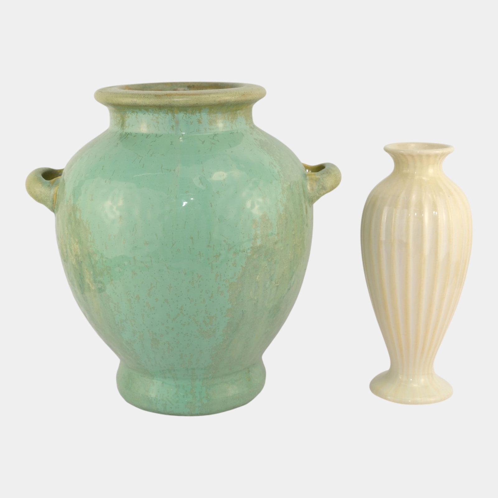 Fulper Arts And Crafts Pottery Ceramic Large Green Handled And White Fluted Vases (1 of 5)