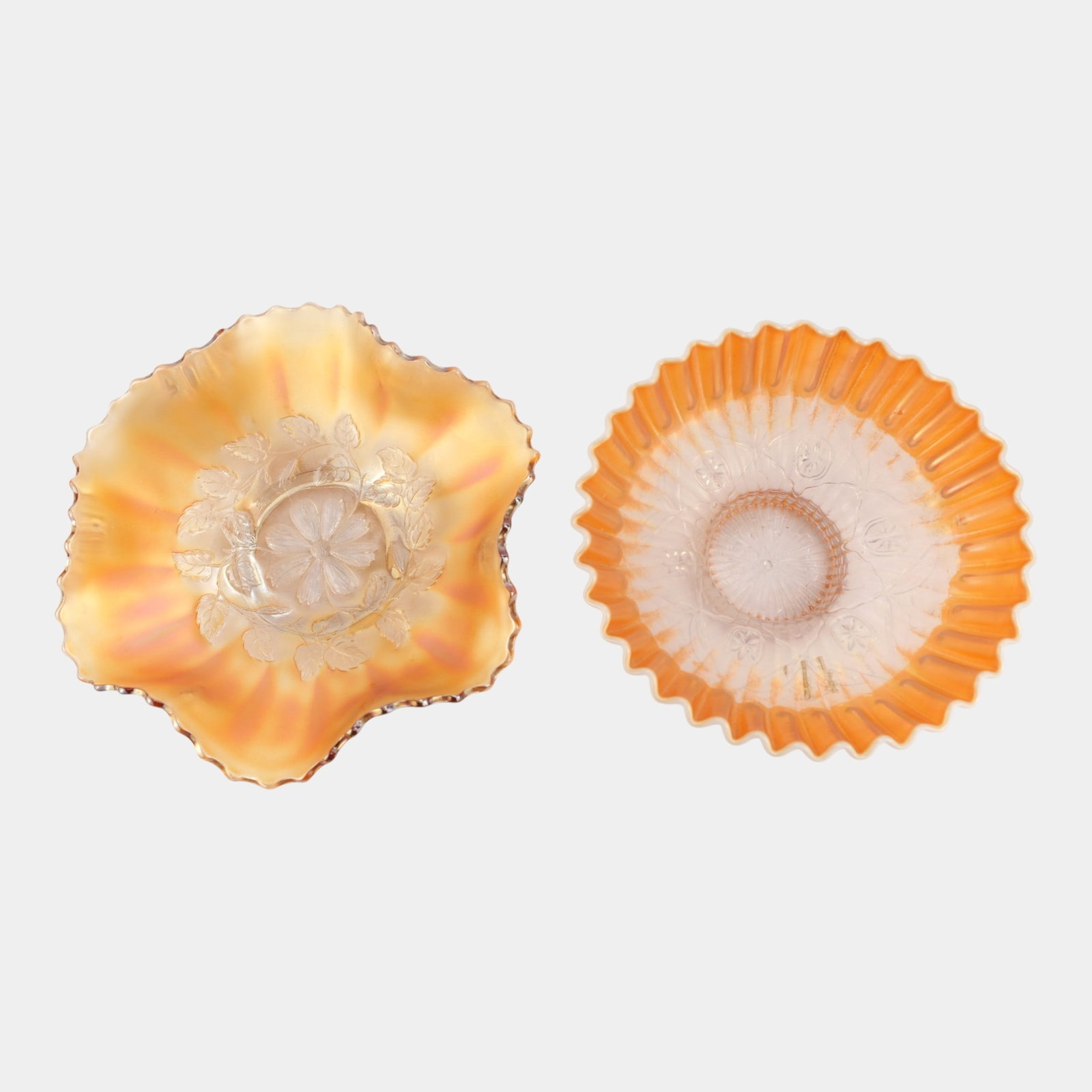 Dugan Peach Opal And Marigold Carnival Glass Ruffled Rim Bowls: Professional, fast, and affordable in house shipping available for all items. Dugan Peach Opal And Marigold Carnival Glass Ruffled Rim Bowls Excellent original condition. No chips, cracks, damage or r