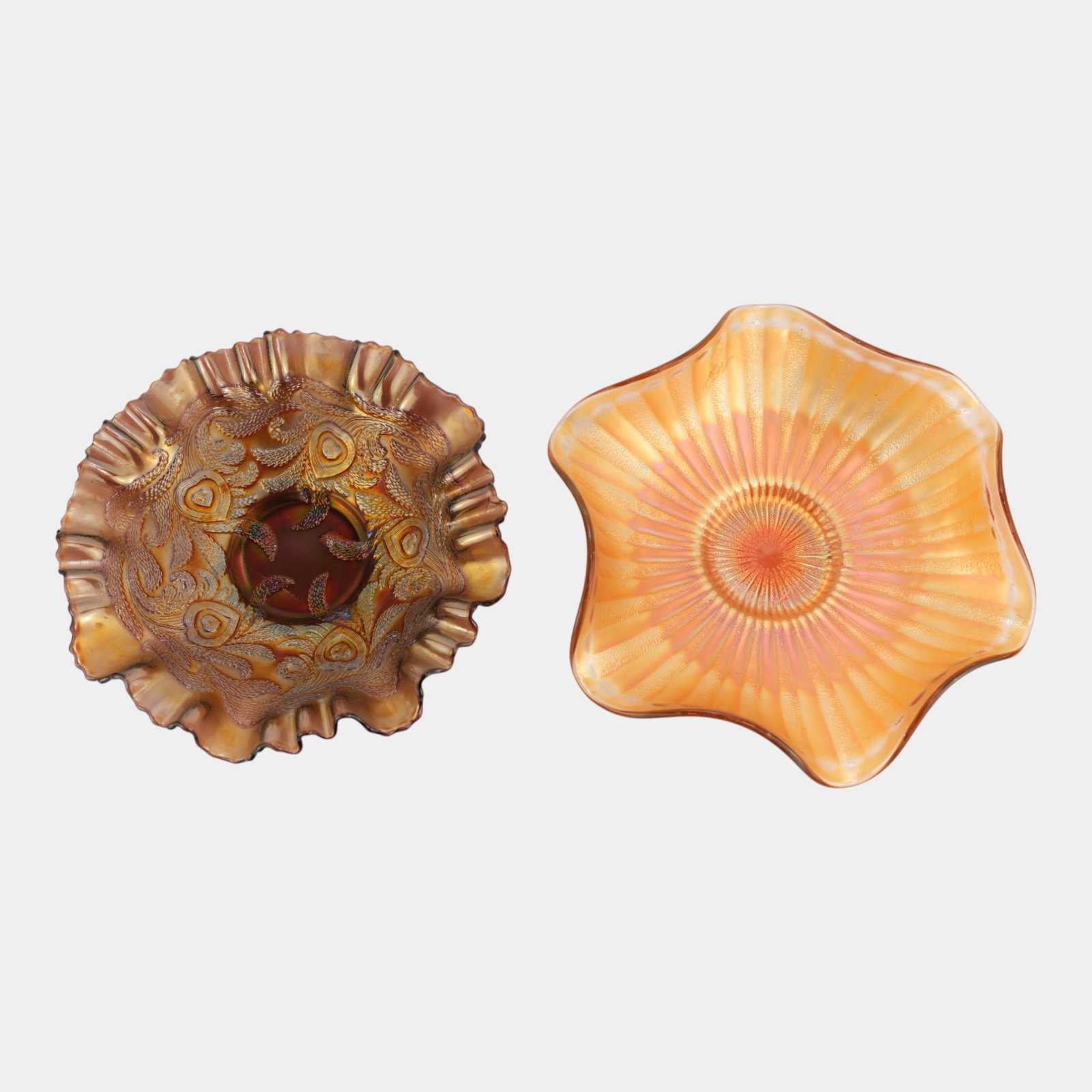 Fenton Smooth Rays And Heart Vine Carnival Glass Ruffled Rim Bowls: Professional, fast, and affordable in house shipping available for all items. Fenton Smooth Rays And Heart Vine Carnival Glass Ruffled Rim Bowls Excellent original condition. Age related wear. Bottom