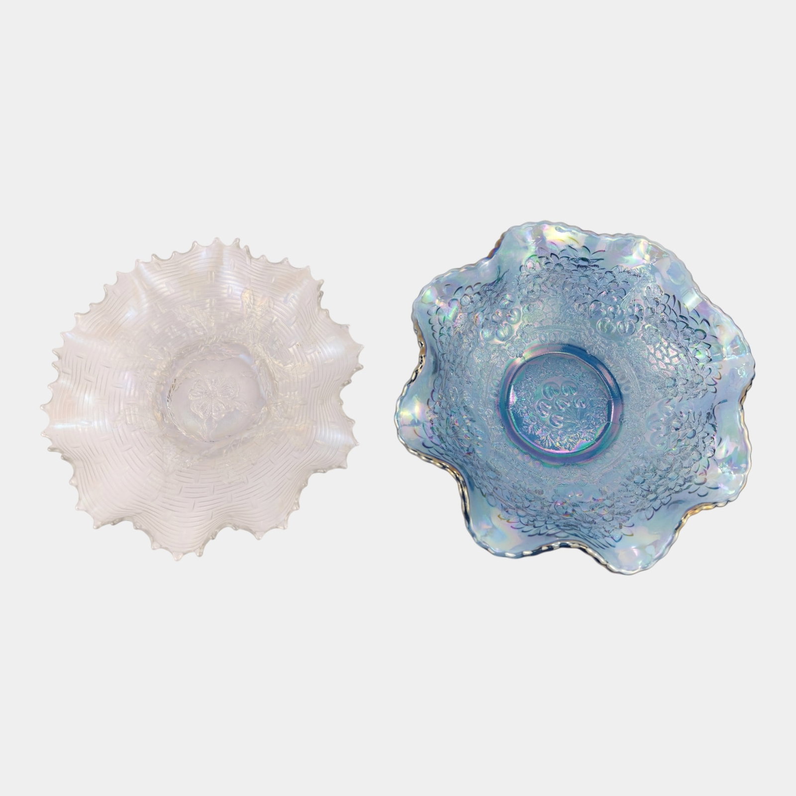 Dugan Iridescent White & Fenton Cherries Orange Tree Blue Carnival Glass Bowls (1 of 3)