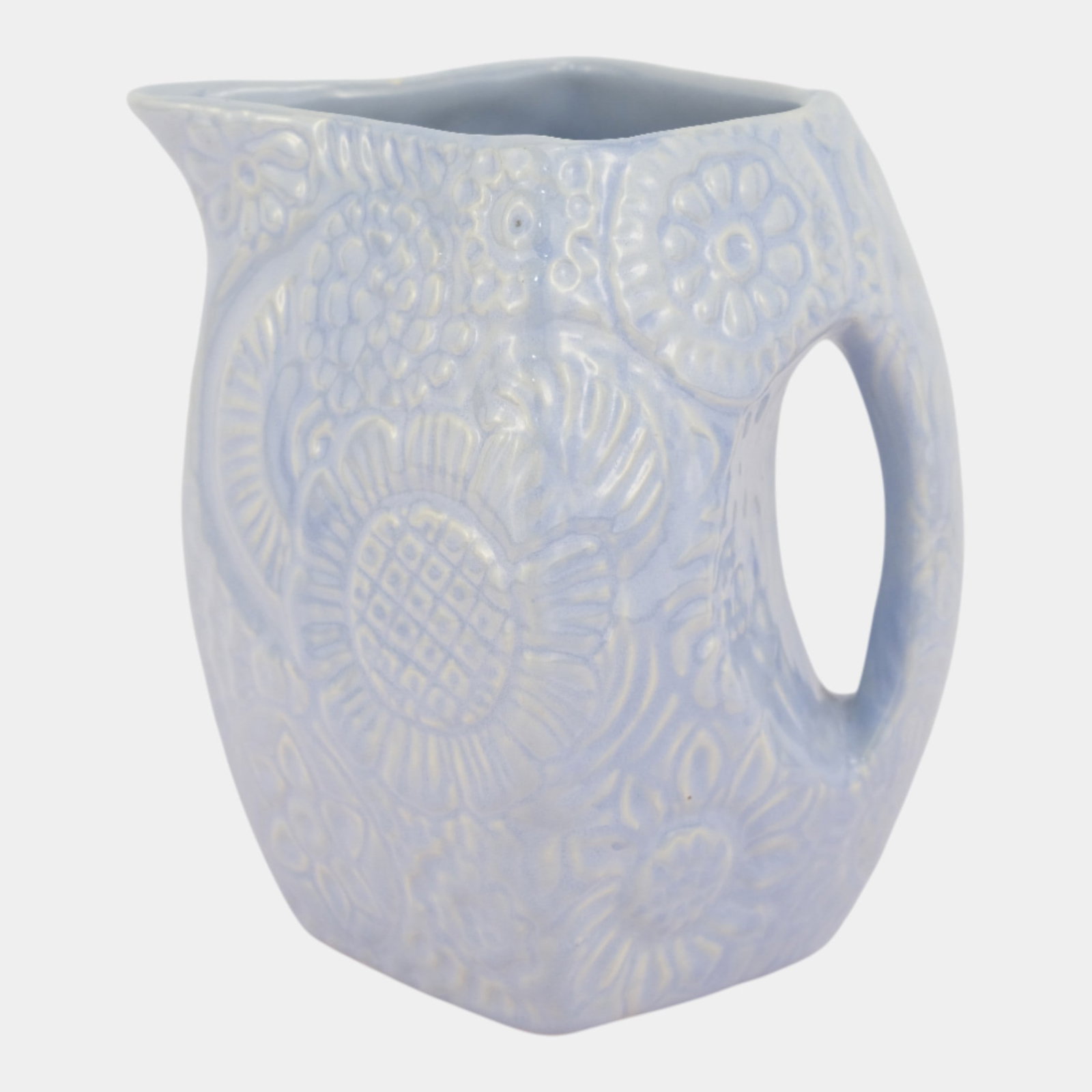 Niloak Art Pottery Blue Daisy Flower Embossed Square Pitcher (1 of 3)