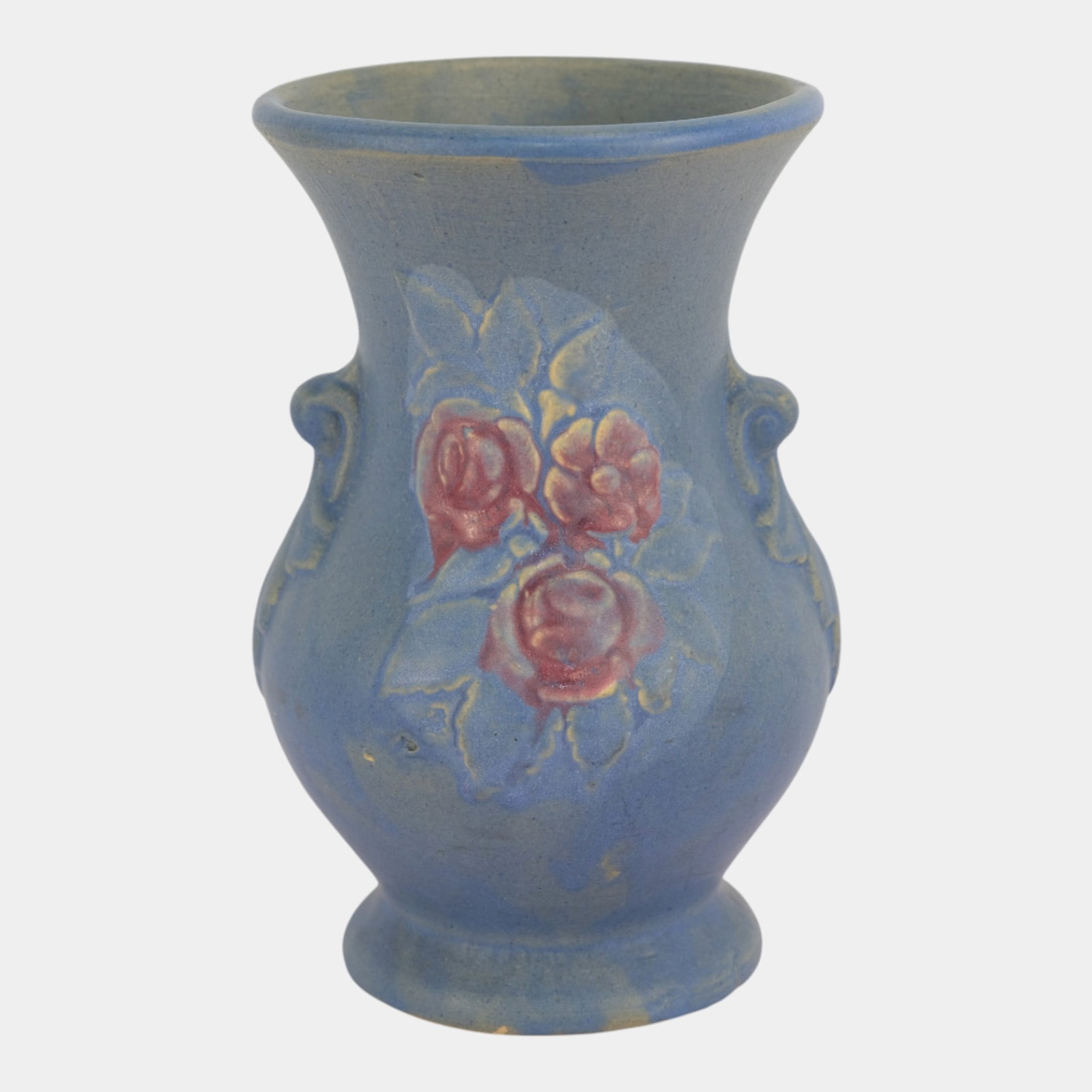Brush McCoy Art Pottery Matte Blue Floral Pottery Vase 741: Professional, fast, and affordable in house shipping available for all items. Brush McCoy Art Pottery Matte Blue Floral Pottery Vase 741 Bottom marked as shown. Vase is 8" tall and 5 1/2" wide.