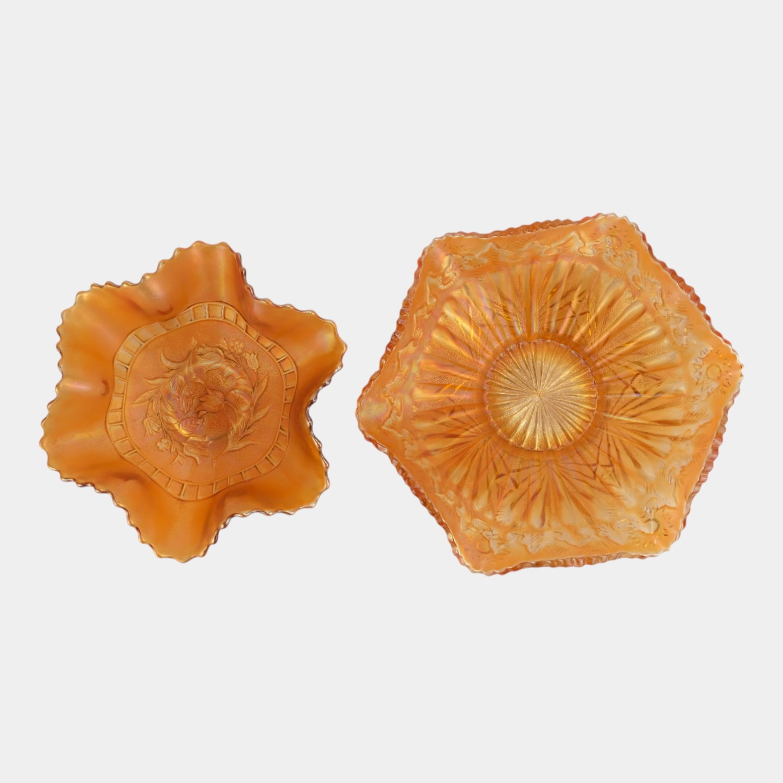 Dugan Marigold Windflower And Millersburg Rays Carnival Glass Bowls: Professional, fast, and affordable in house shipping available for all items. Dugan Marigold Windflower And Millersburg Rays Carnival Glass Bowls Excellent condition. Age related wear. Bottom marked a