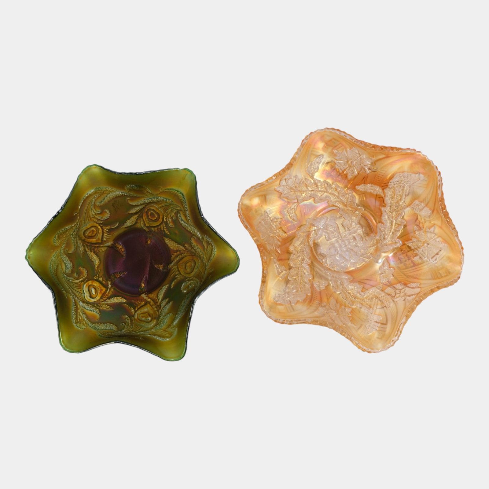 Fenton Green Heart Vine And Millersburg Marigold Whirling Leaves Carnival Glass (1 of 3)