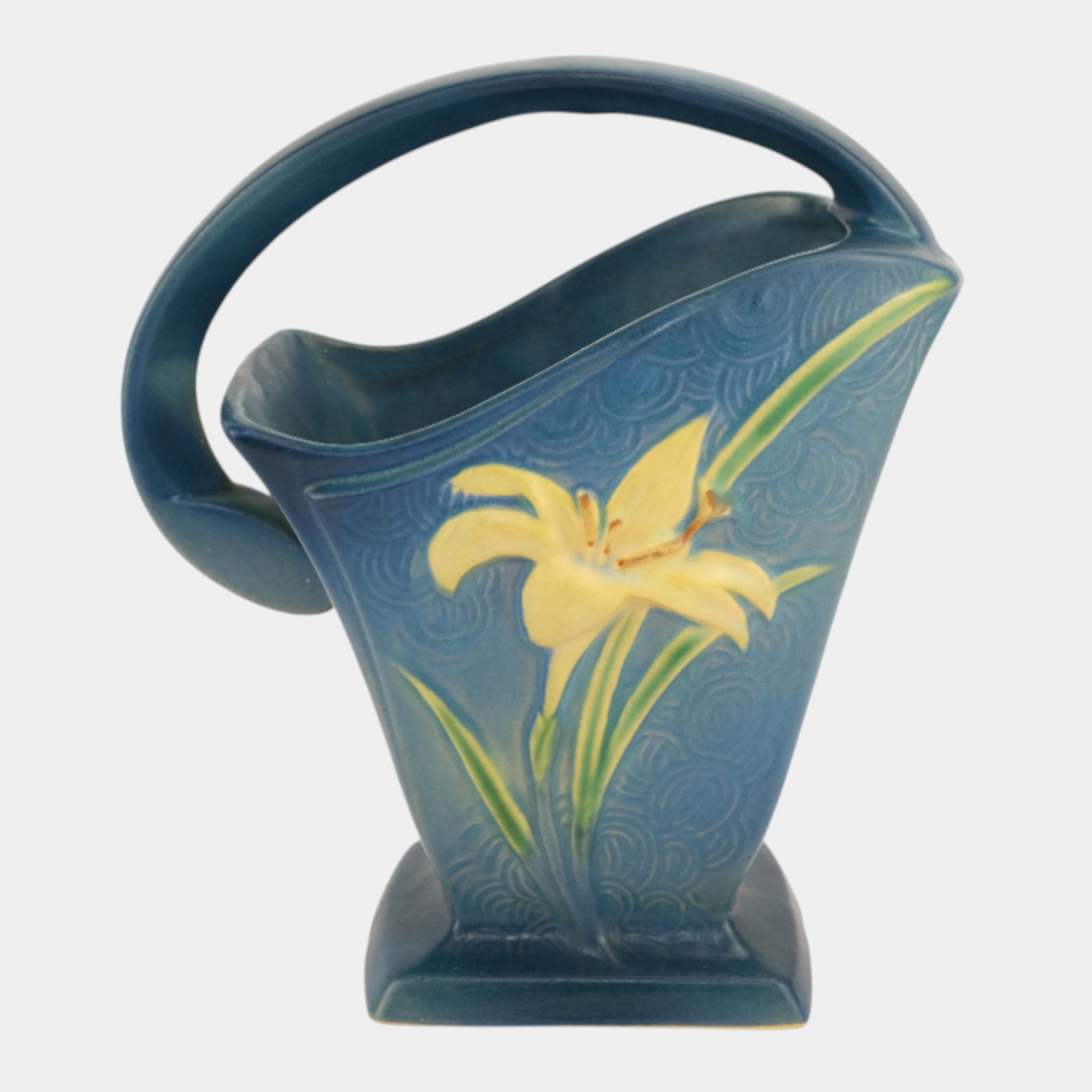 Roseville Zephyr Lily Blue 1946 Mid Century Modern Art Pottery Basket 394-8: Professional, fast, and affordable in house shipping available for all items. Roseville Zephyr Lily Blue 1946 Mid Century Modern Art Pottery Basket 394-8 Elegant and sculptural, this Roseville Potter