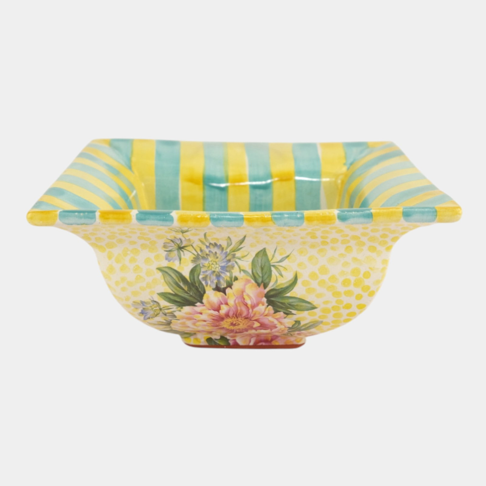 Mackenzie-Childs Square Torquay Hand Painted Yellow Blue Square Pottery Bowl (1 of 4)