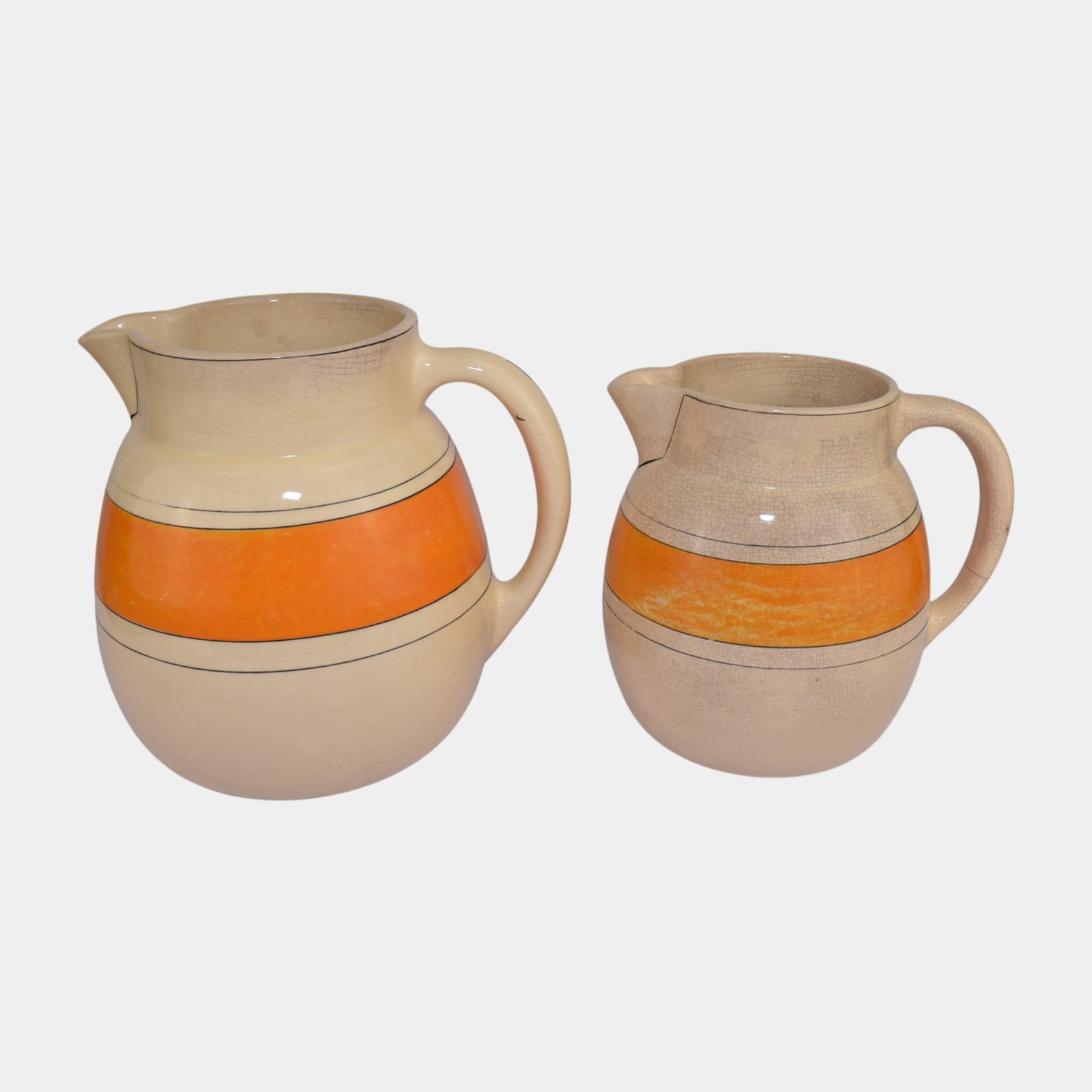 Roseville Creamware Orange Band Utilitarian Pottery Pitchers (1 of 4)