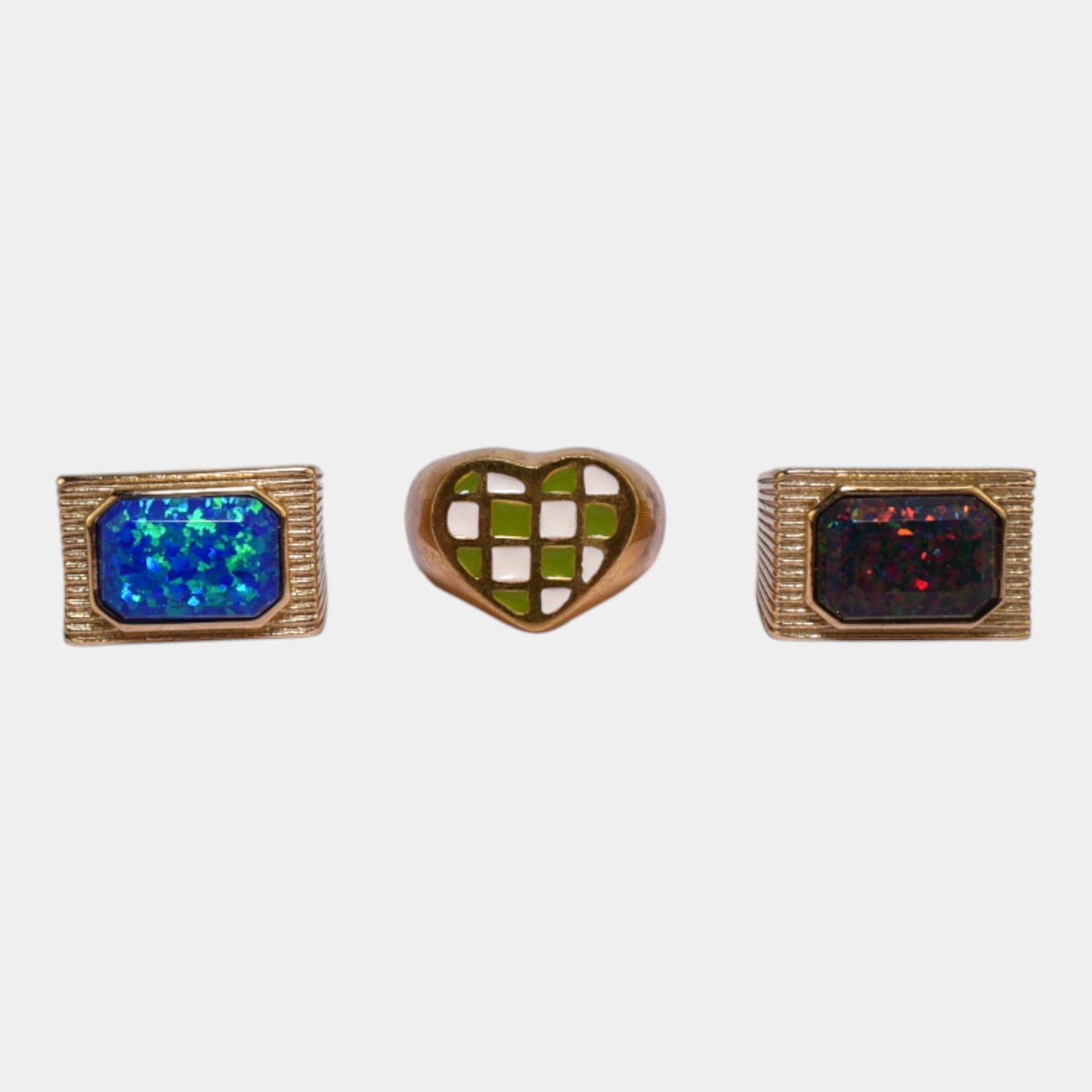 Gold Tone Lab Grown Opal Rings With Mayol Green Waffle Heart Ring: Professional, fast, and affordable in house shipping available for all items. Excellent condition. Signs of use.