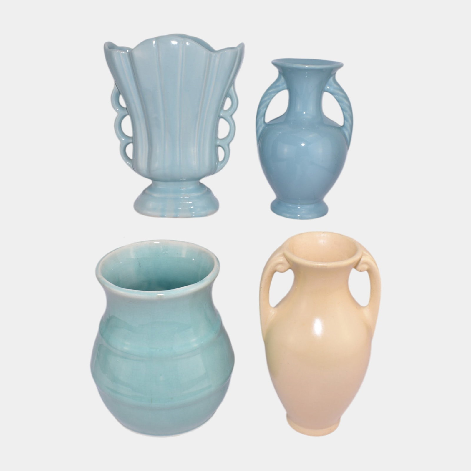 Hull And Other American Art Pottery Assorted Pastel Blue And Cream Vases: Professional, fast, and affordable in house shipping available for all items. Hull And Other American Art Pottery Assorted Pastel Blue And Cream Vases Excellent condition. Age related wear. Bottom ma