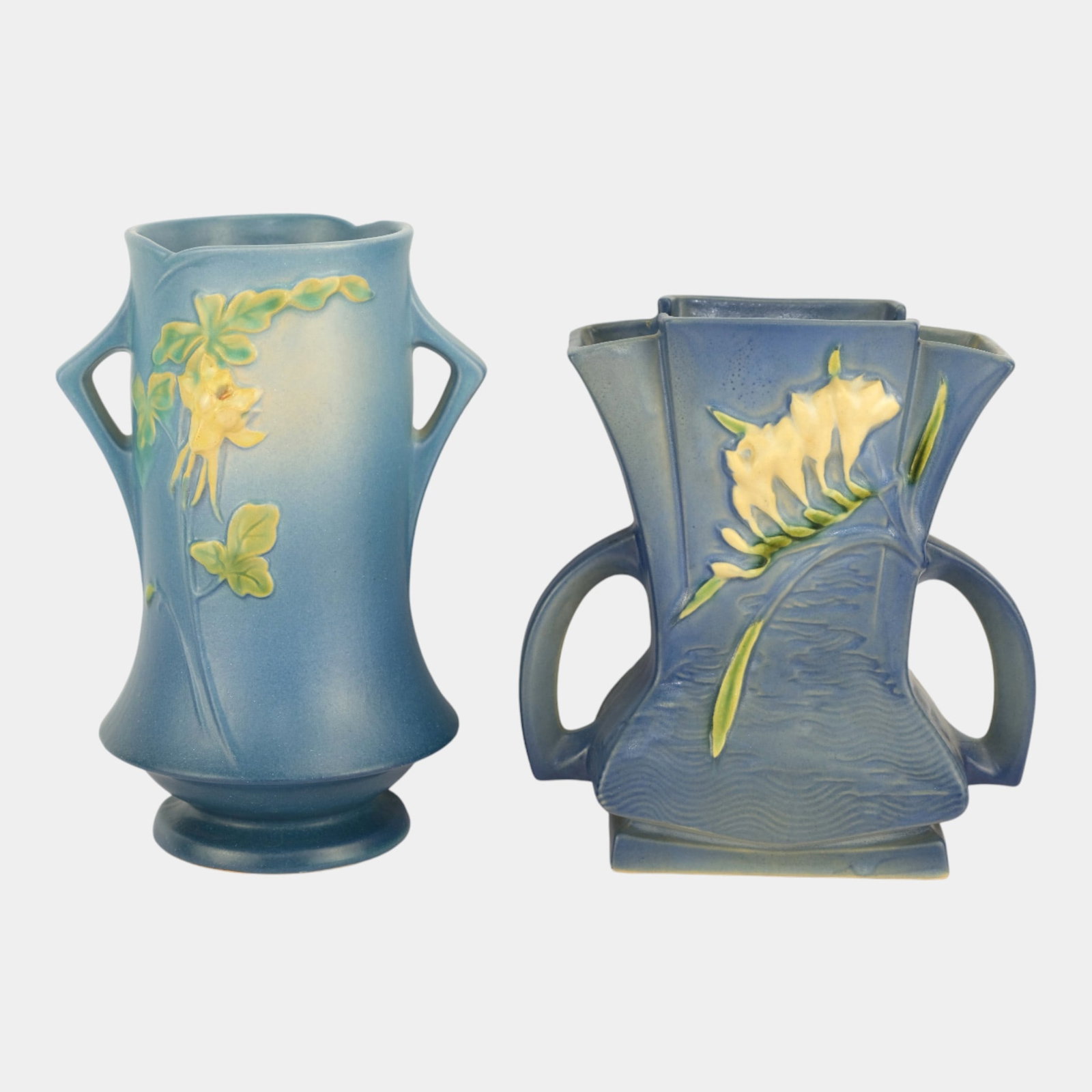 Roseville Pottery Columbine Freesia Blue Ceramic Vase Pillow Vase (1 of 4)