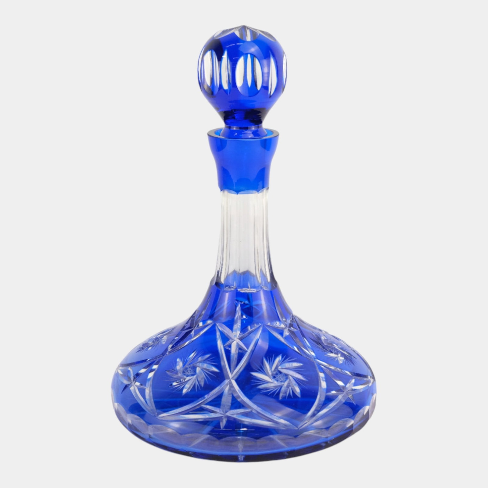 Bohemian Czech Cobalt Blue Crystal Decanter Cut To Clear: Professional, fast, and affordable in house shipping available for all items. Bohemian Czech Cobalt Blue Crystal Decanter Cut To Clear Excellent condition. Age related wear. Bottom marked as shown. D