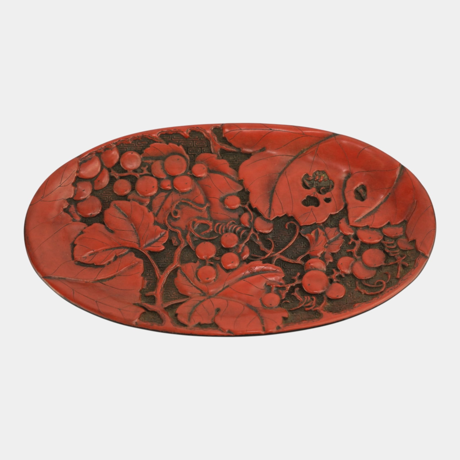 Chinese Red Cinnabar Grapes And Vine Carved Tray With Black Lacquer Back (1 of 3)