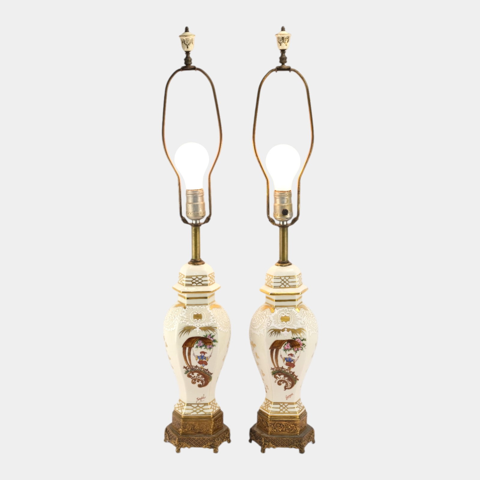 Mid Century French Porcelain Asian Motif Lamps With Gold Gilding And Brass Bases (1 of 12)