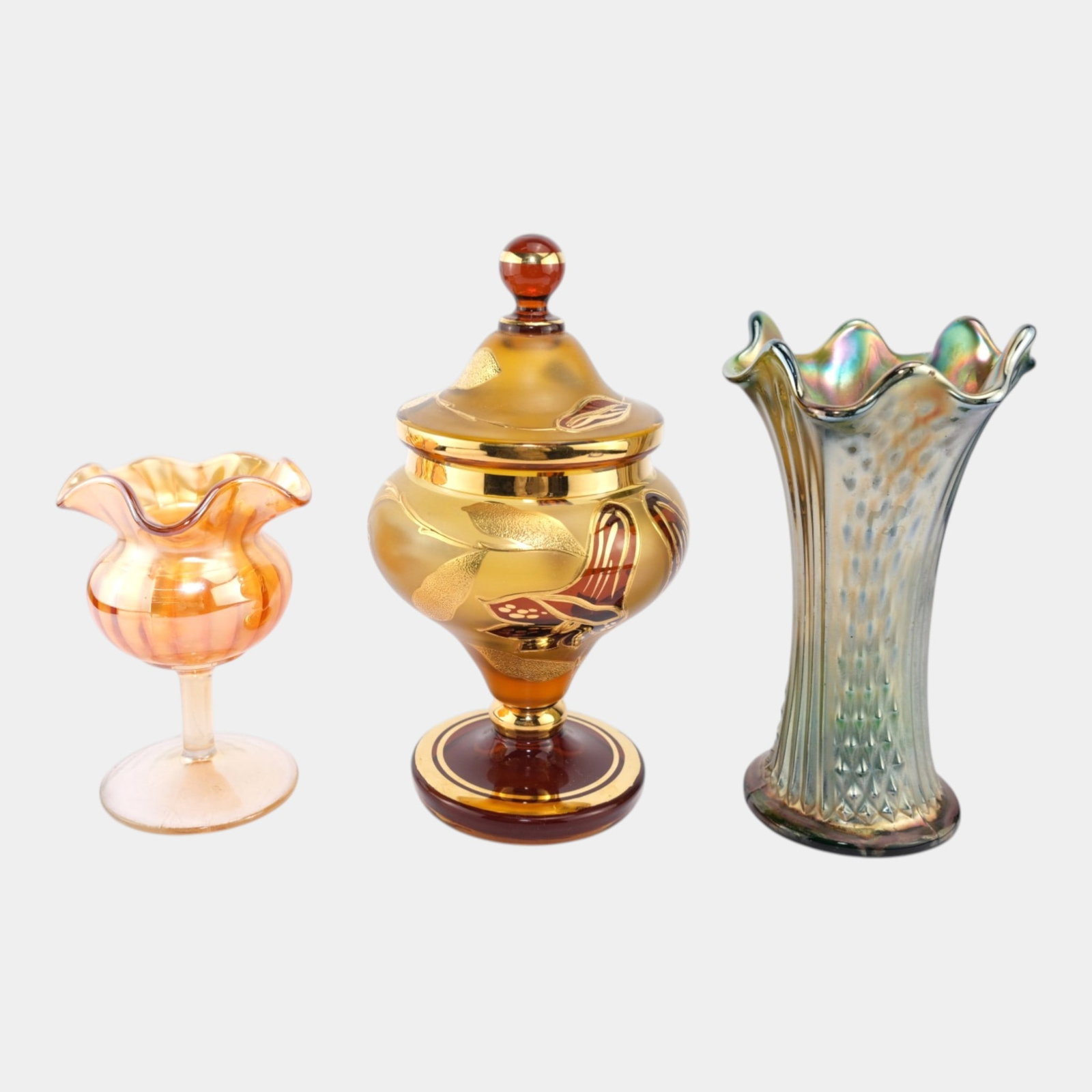 Fenton Green Iridescent April Showers Trunk Vase & Marigold Compote With Czech Ruby Gilt Lidded Jar (1 of 4)