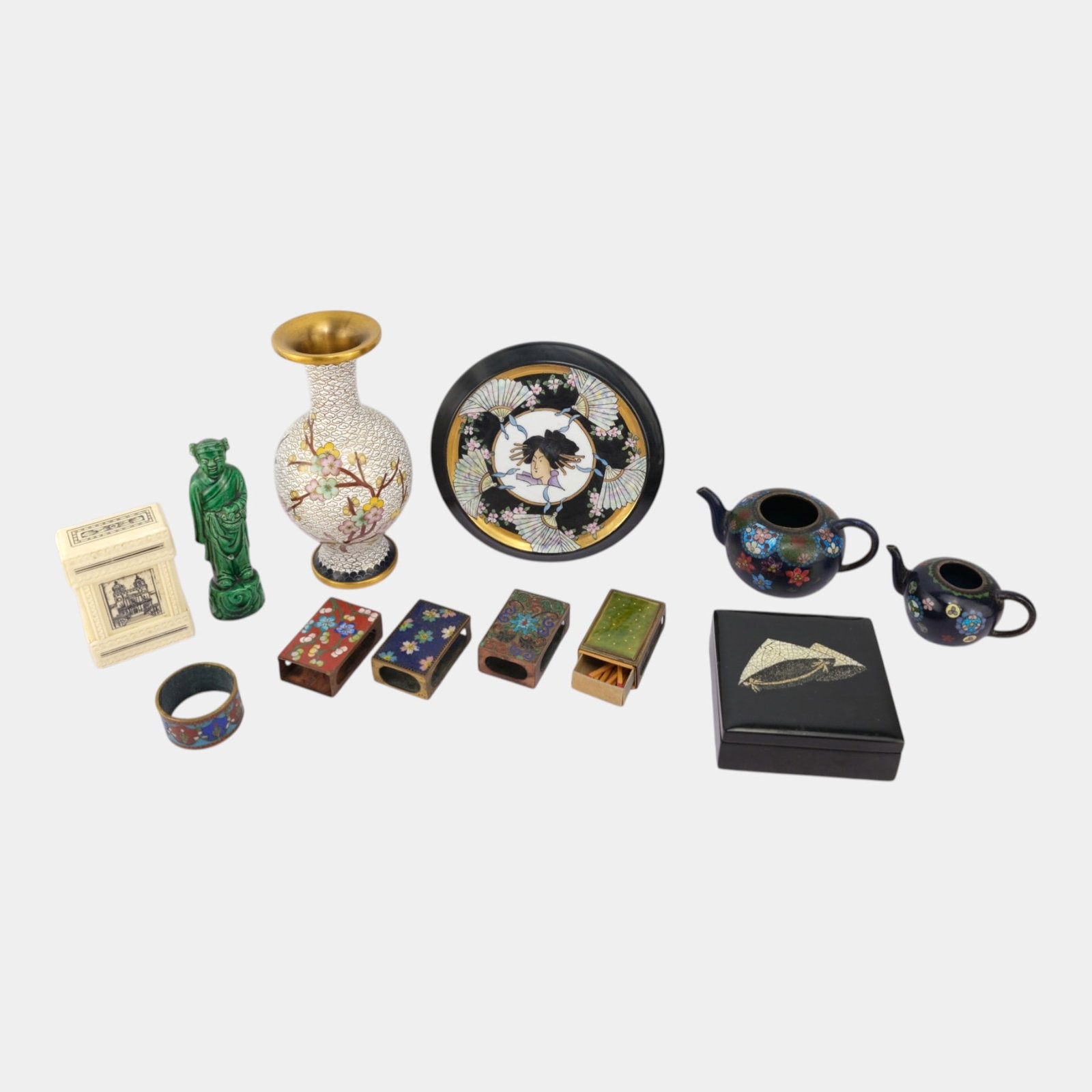 Assorted Asian Cloisonne Vases Matchboxes Napkin Ring Teapots & Other Boxes And Figurine (1 of 6)
