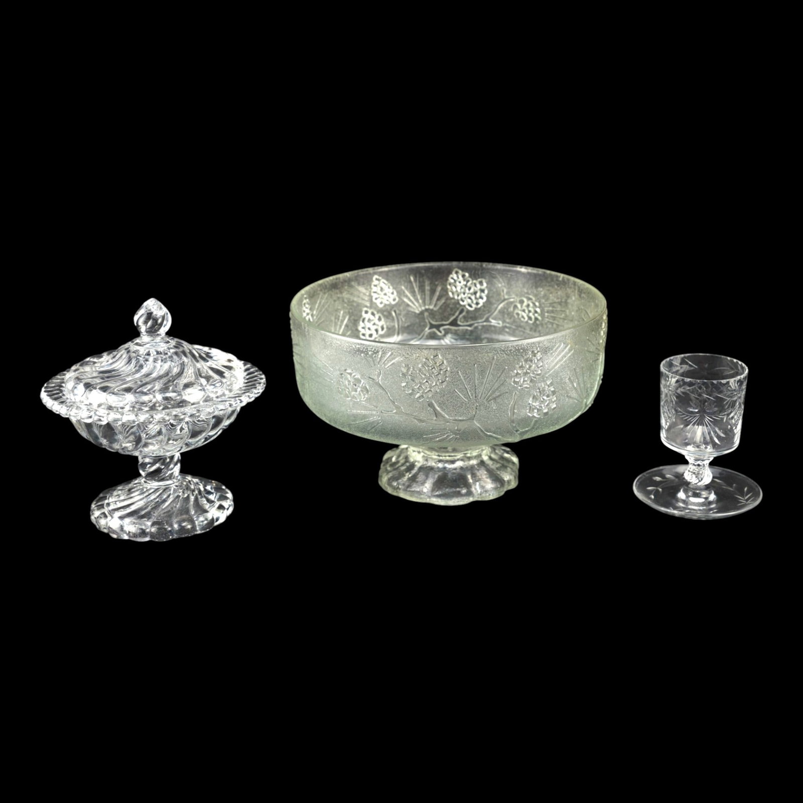 Mid Century Clear Glass Fostoria Colony Compote, Tiara Ponderosa Pine Bowl, & Lucia Cambridge Etched (1 of 4)