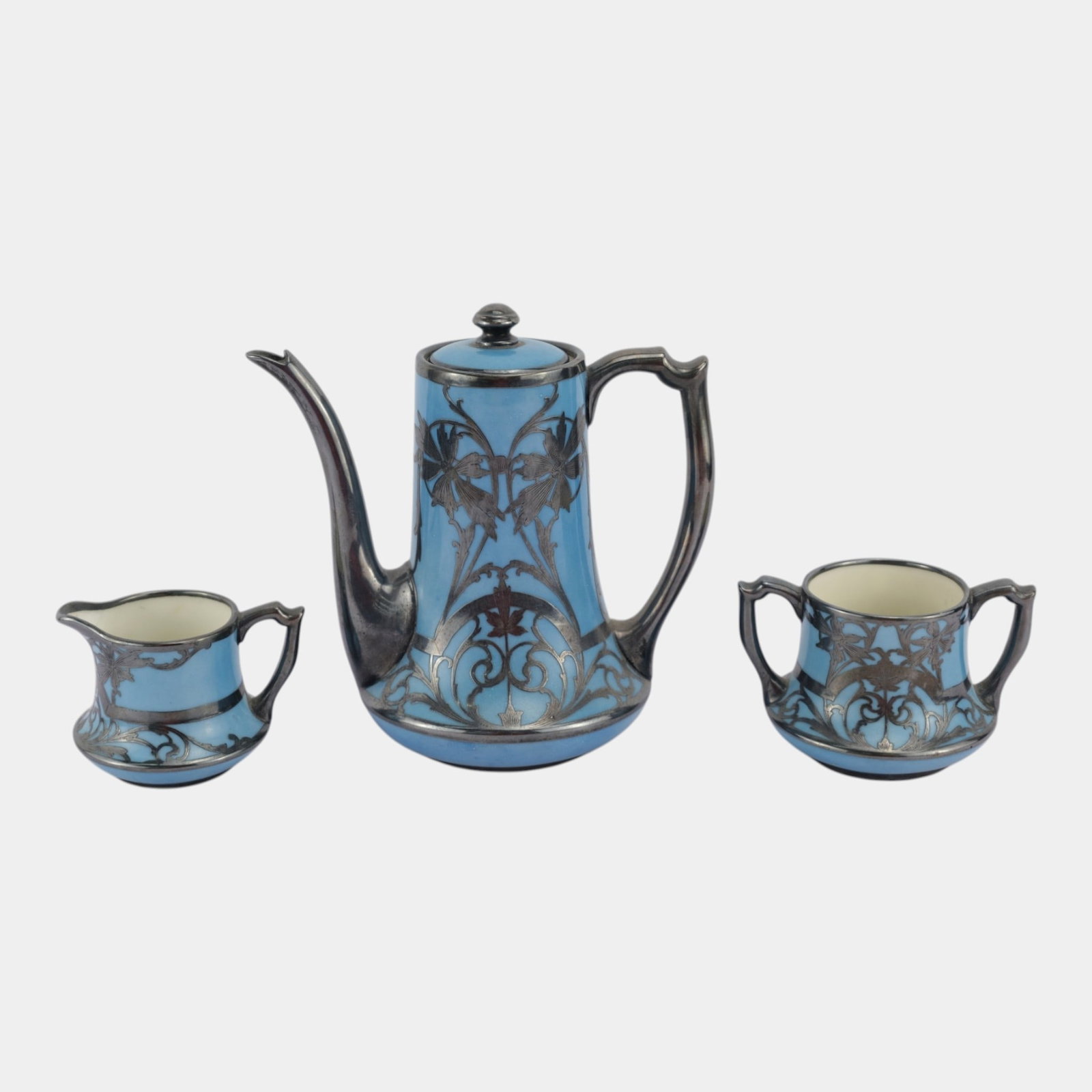 Lenox Early 20th Century Blue Glazed Art Pottery With Art Nouveau Silver Overlay Teapot Sugar (1 of 5)