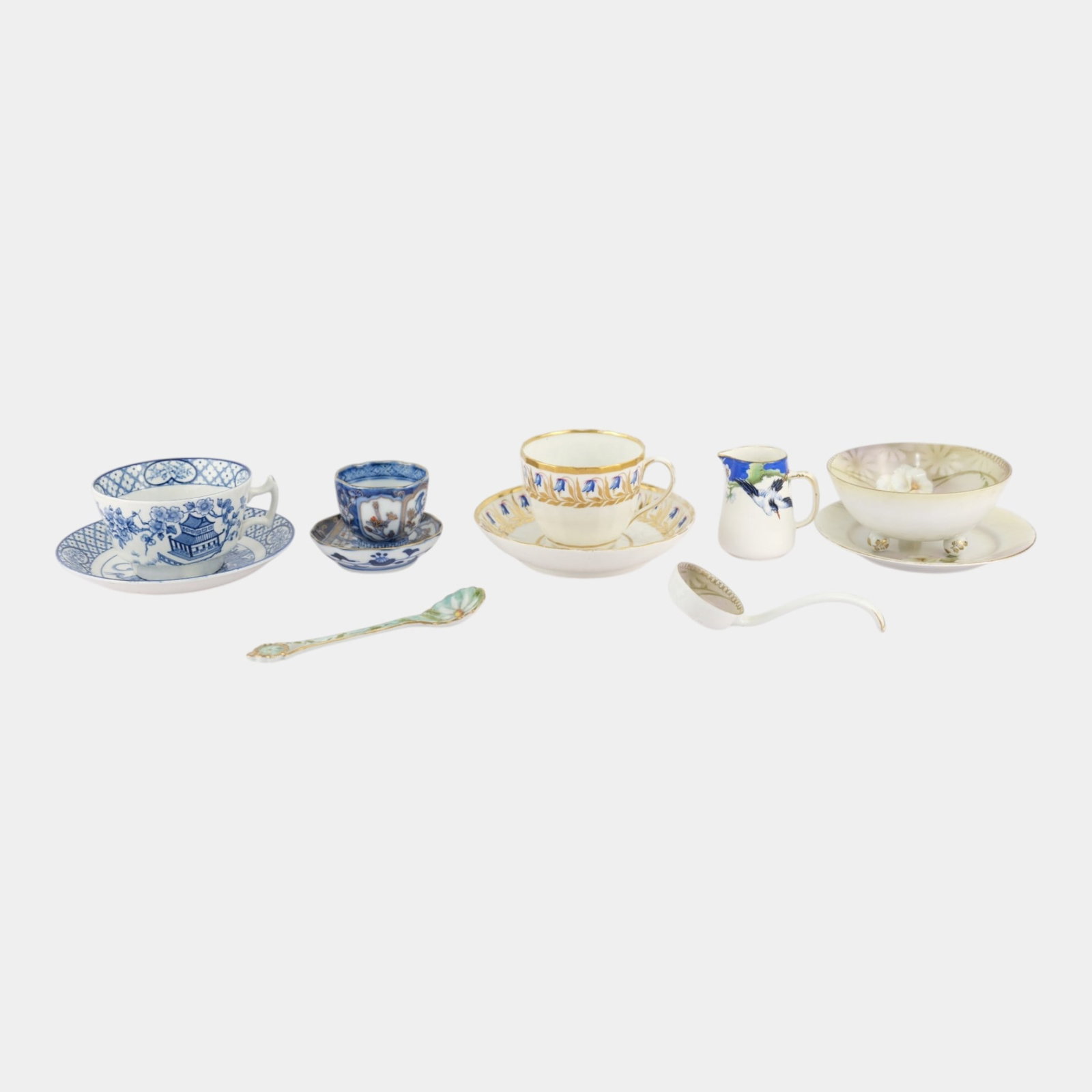 Early 20th Century European And Chinese Decorated Porcelain Tea Cups Creamer Spoons: Professional, fast, and affordable in house shipping available for all items. Early 20th Century European And Chinese Decorated Porcelain Tea Cups Creamer Spoons Excellent condition. Age related wear